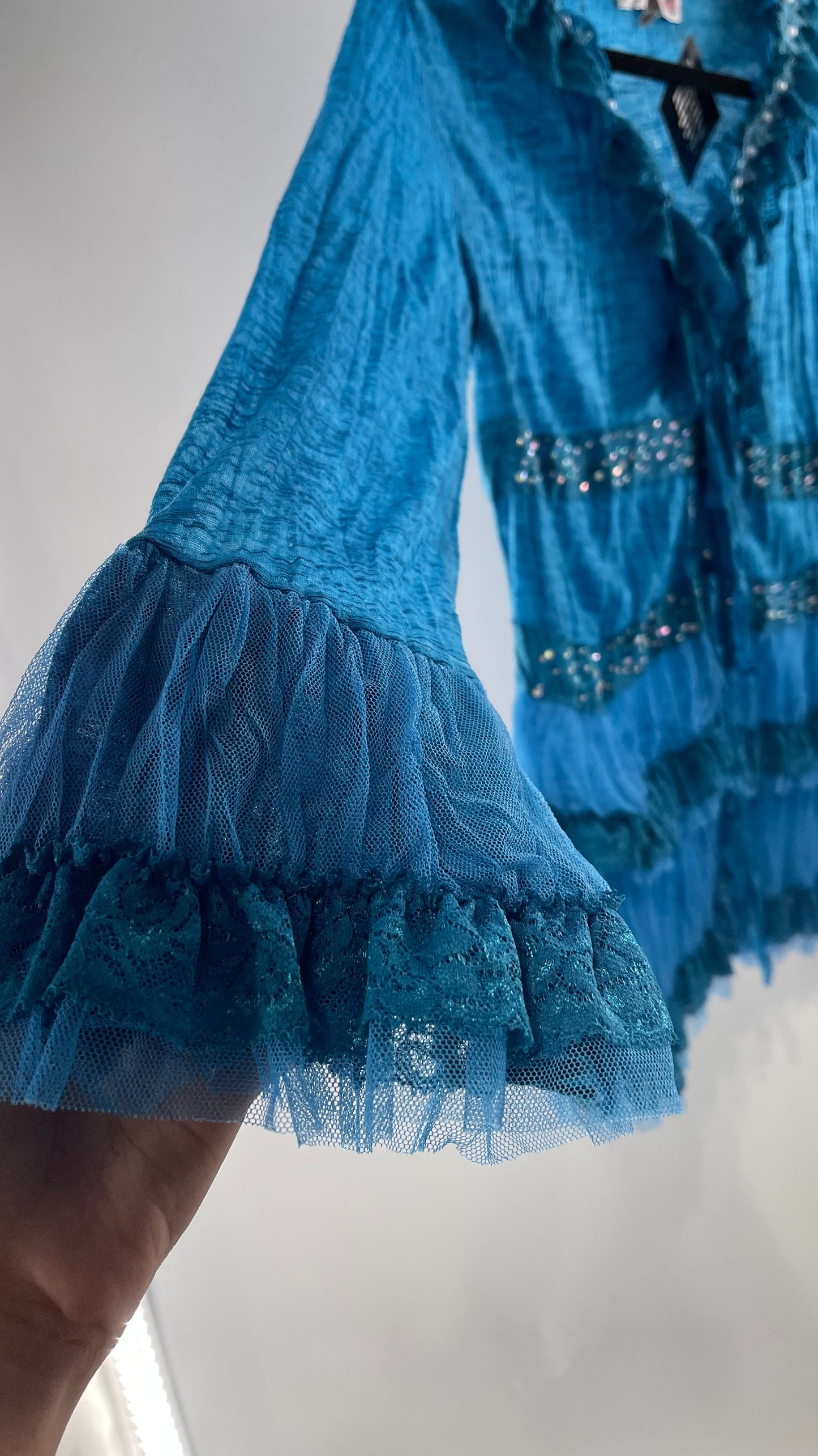Vintage Pretty Angel Blue Long Sleeve Grommet Tie Bedazzled Blouse with Lace Ruffles and Pearlescent Beading (Large)