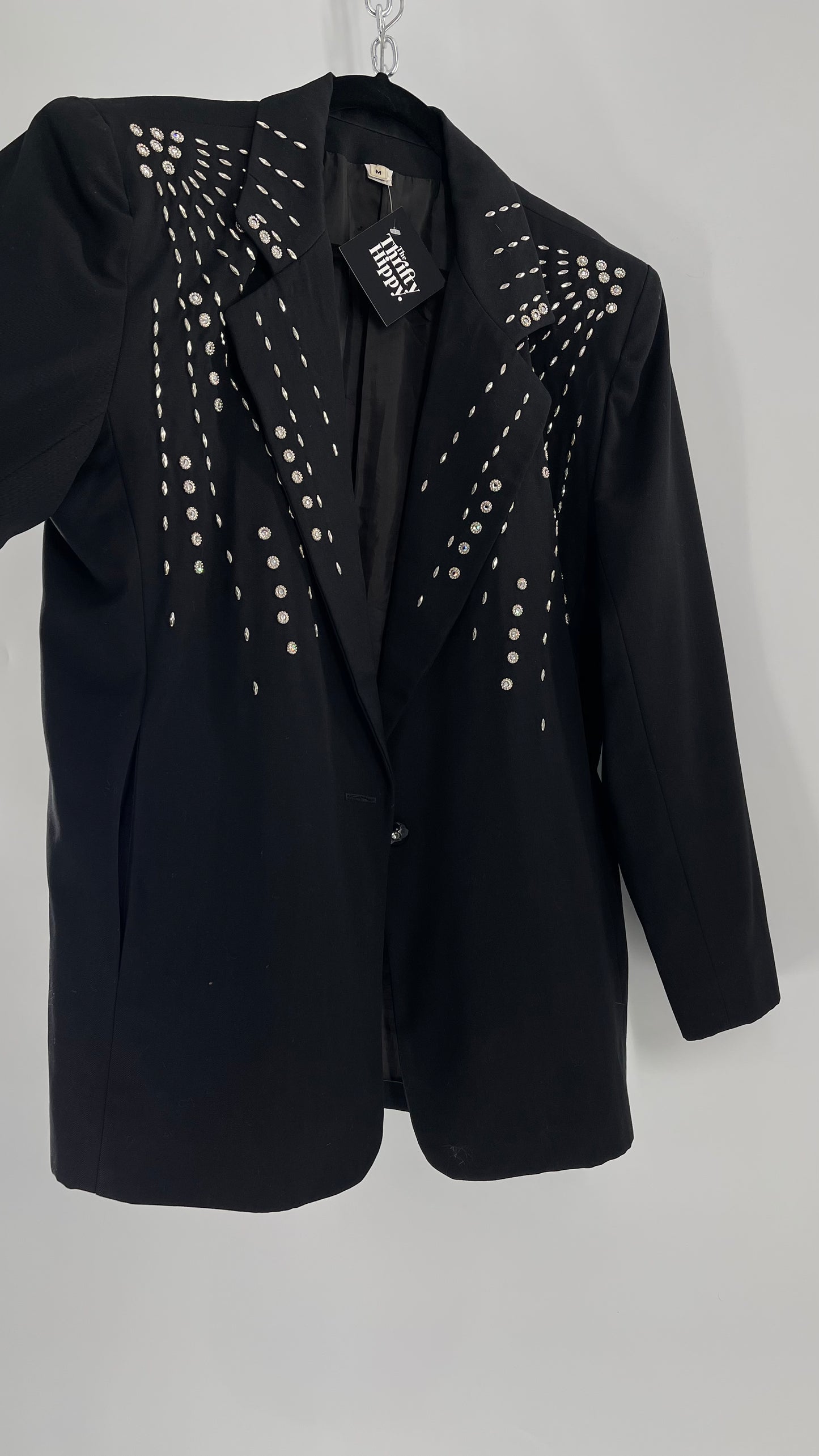 Vintage Black Blazer with Silver Metal Studs and Rhinestone Embellishments (C)(Medium)
