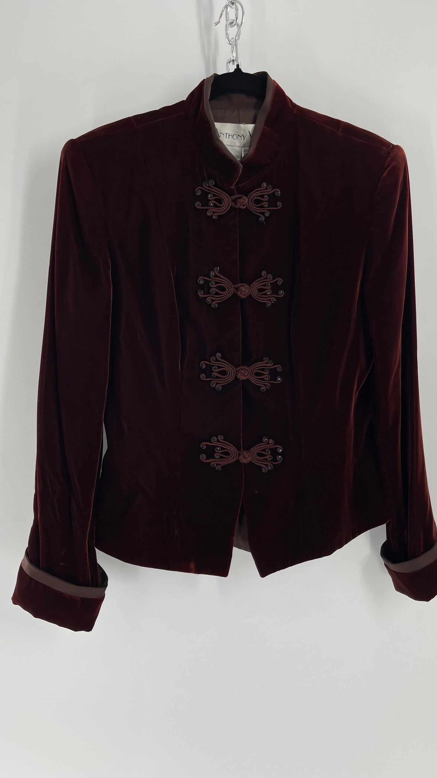 Vintage Anthony Vask Blood Red Burgundy Velvet Coat Jacket with Rope Closure Detailing (C)(10)