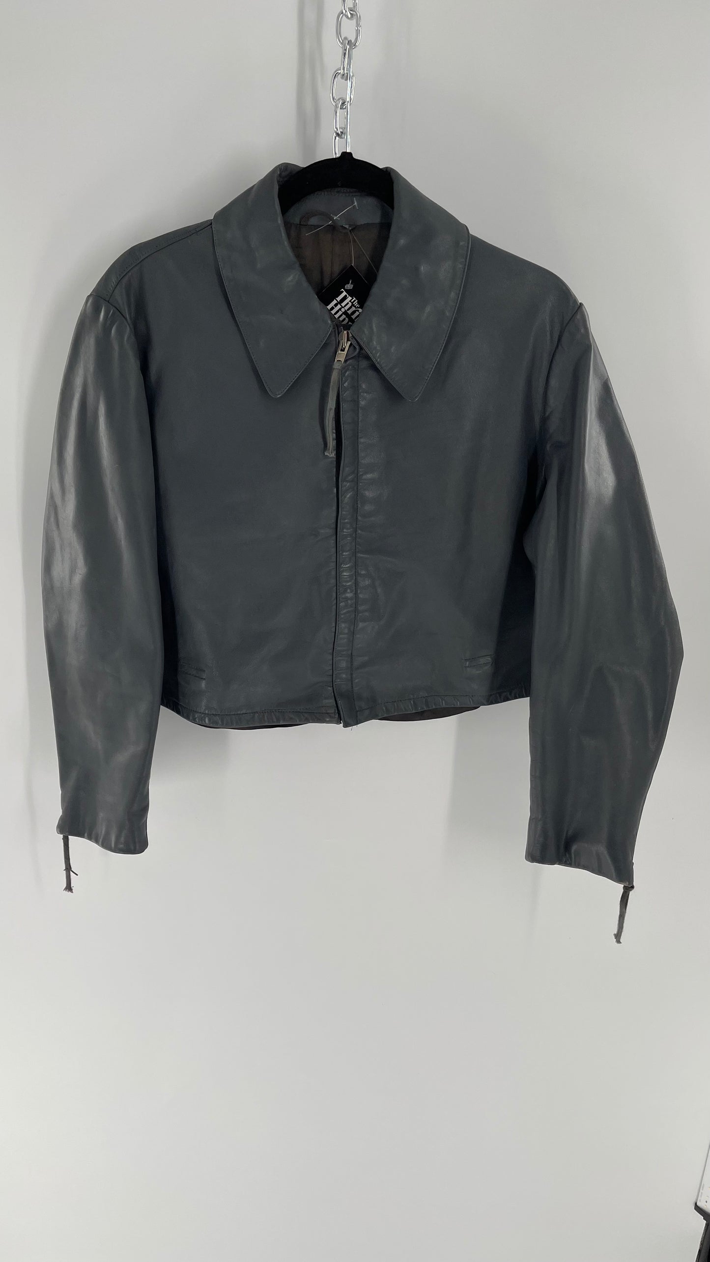Vintage Grey Leather Cropped Jacket with Collar, Zippered Forearms, and Laced Up Detailing on Sides Small)