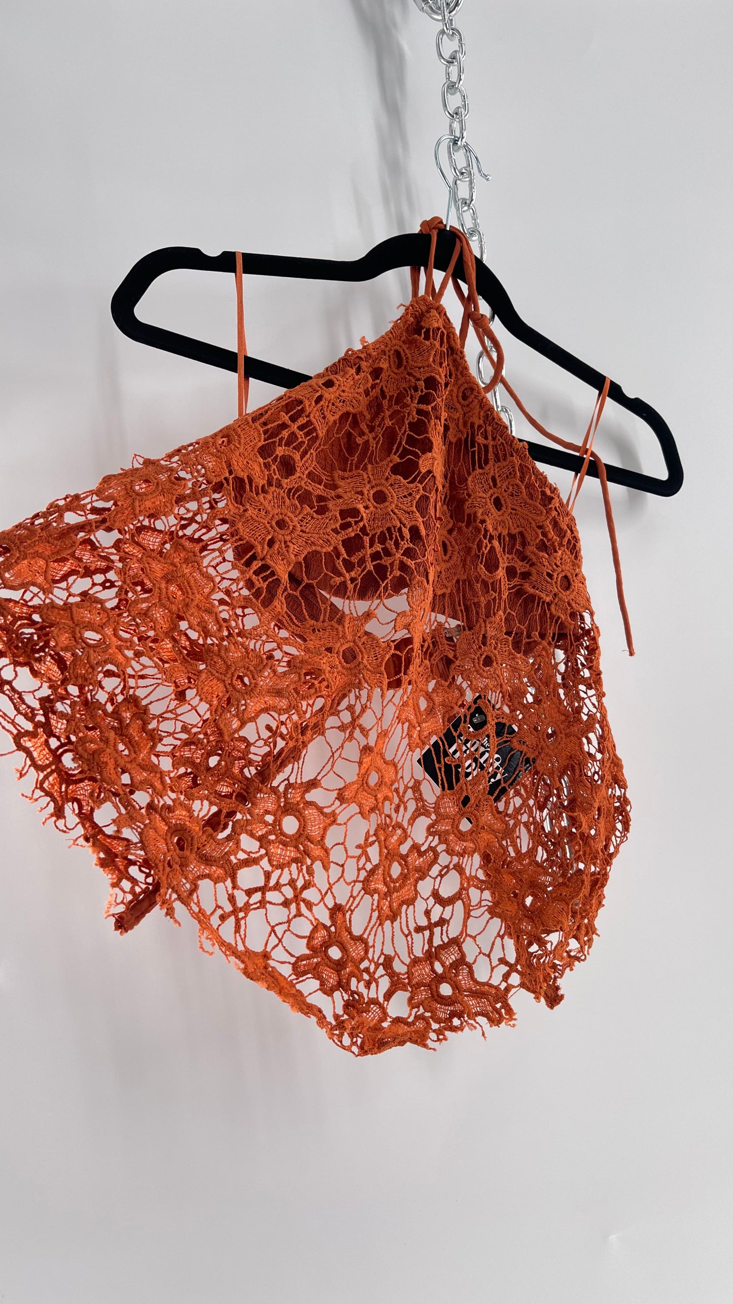 Free People Burnt Orange Lace Halter with Pointed Handkerchief Hem (XS)