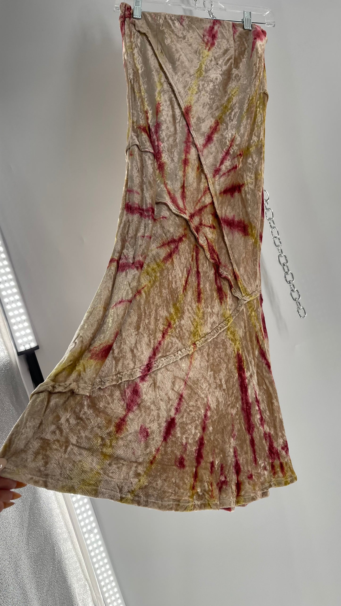 Free People Tie Dye Crushed Velvet Full Length Skirt (Small)