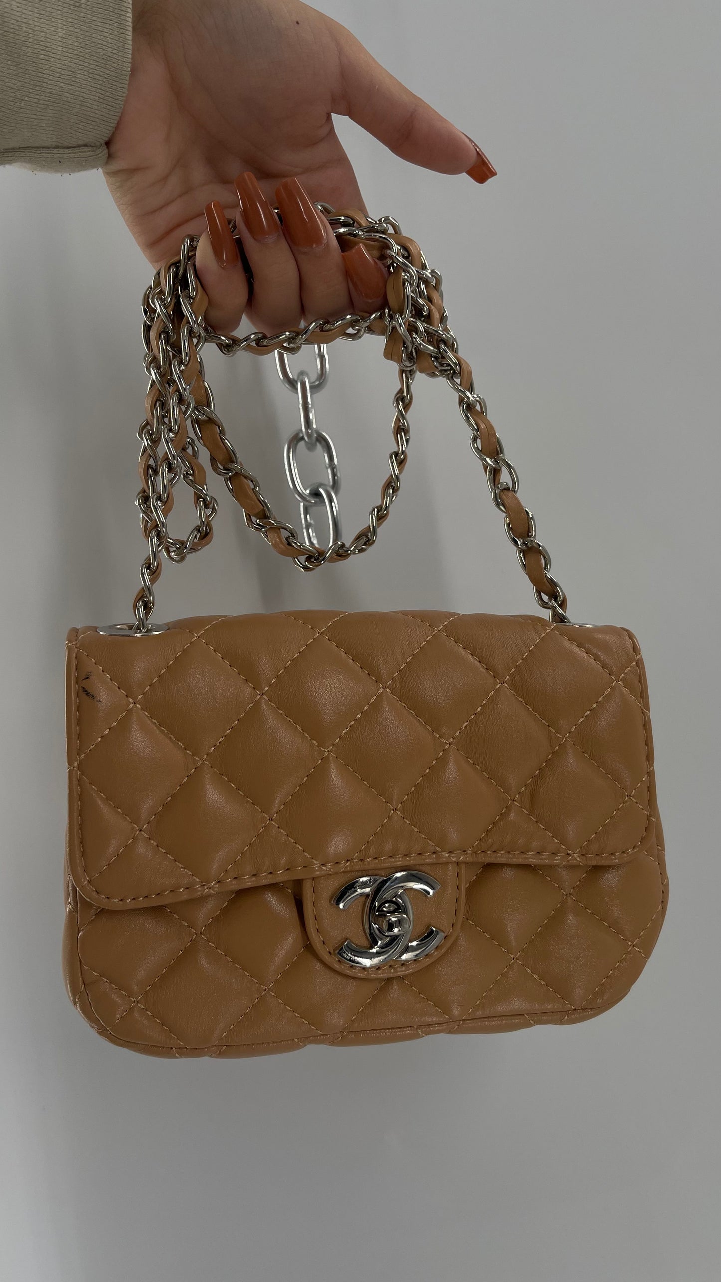 Tan Metallic Quilted Inauthentic Chanel Bag with Silver Chain Strap