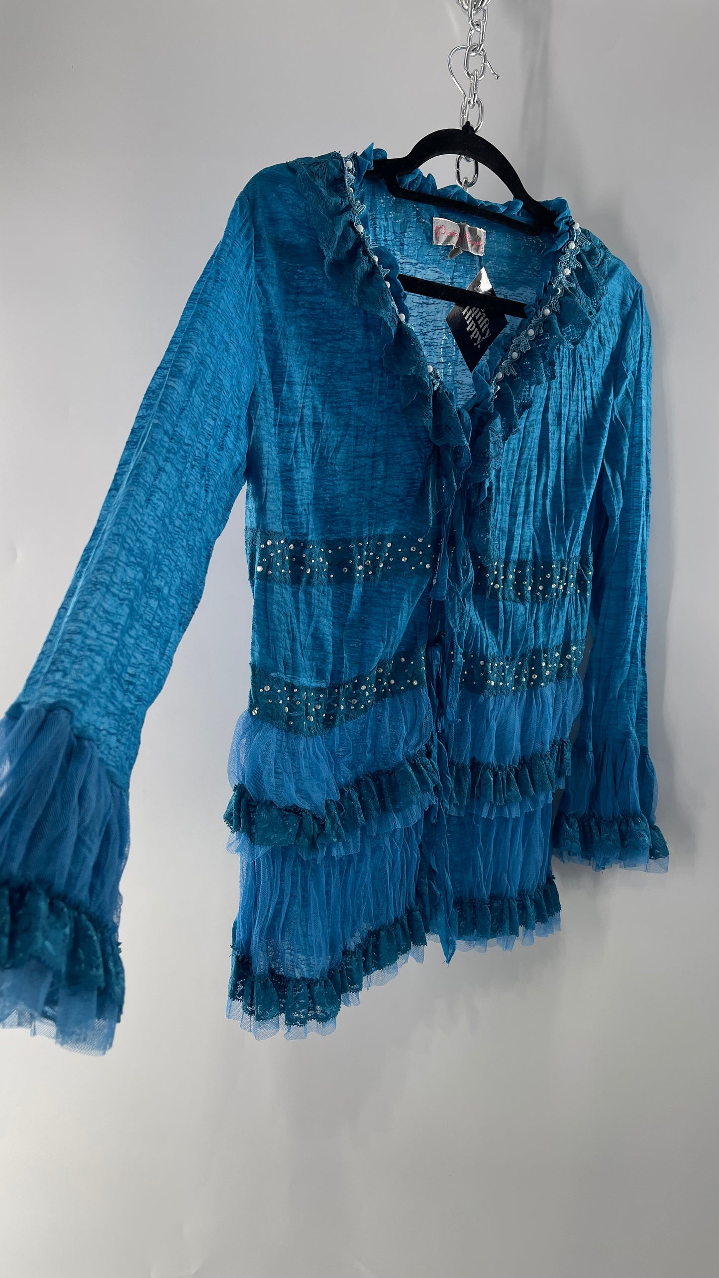 Vintage Pretty Angel Blue Long Sleeve Grommet Tie Bedazzled Blouse with Lace Ruffles and Pearlescent Beading (Large)