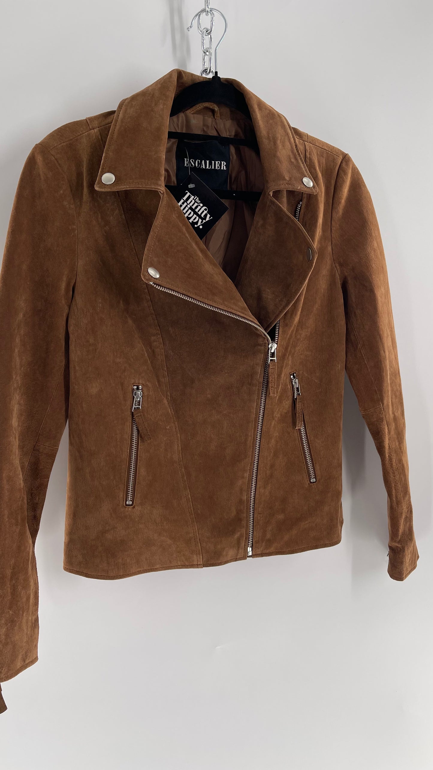Vintage ESCALIER Brown Genuine Leather Suede Motorcycle Jacket with Heavy Duty Zippers (Medium)