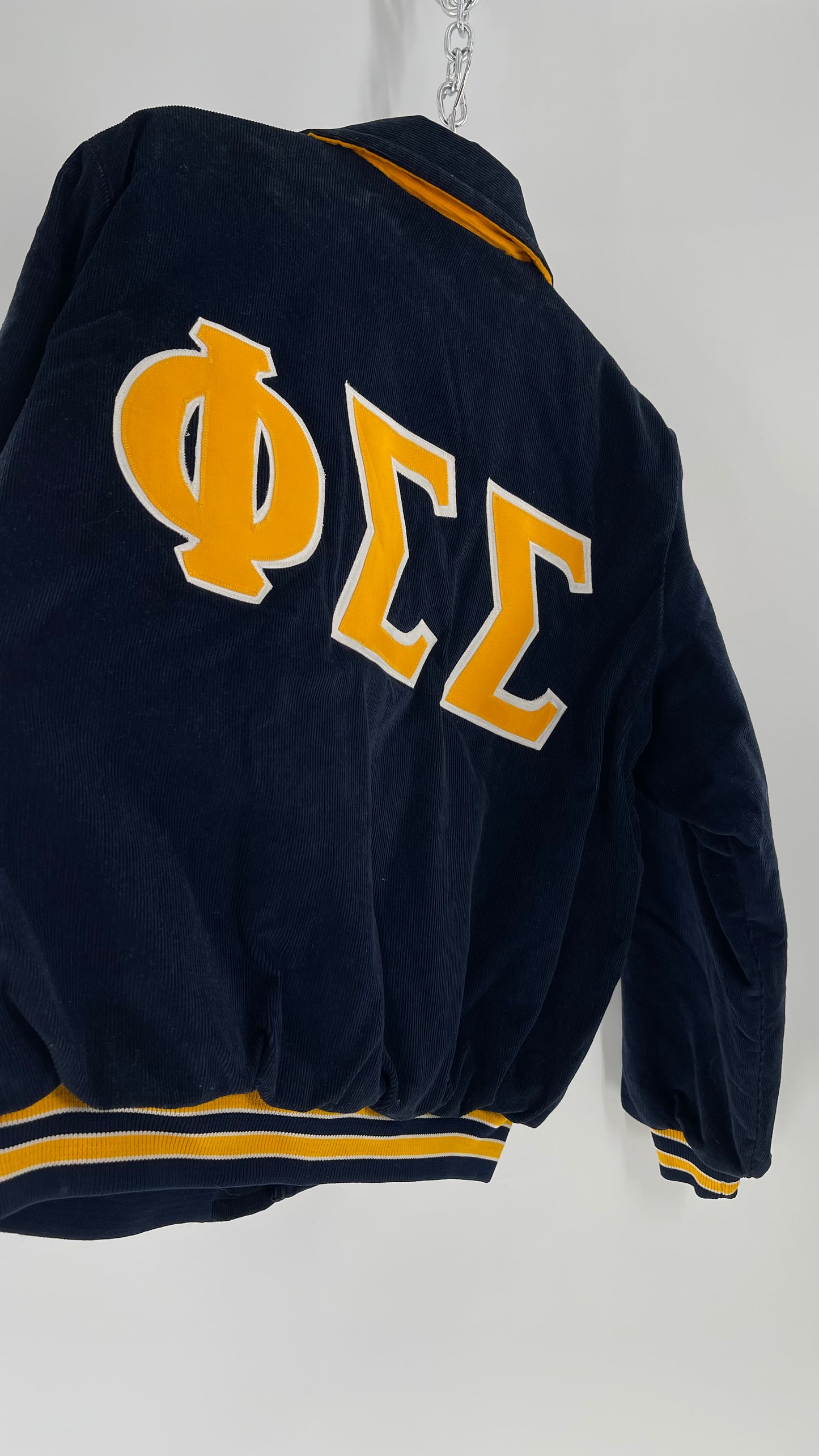 Birdie Vintage Phi Sigma Sigma Navy Blue Corduroy Varsity/Sorority Jacket with Contrast Yellow Patches and Embroidered “Paula” Monogram (Large)