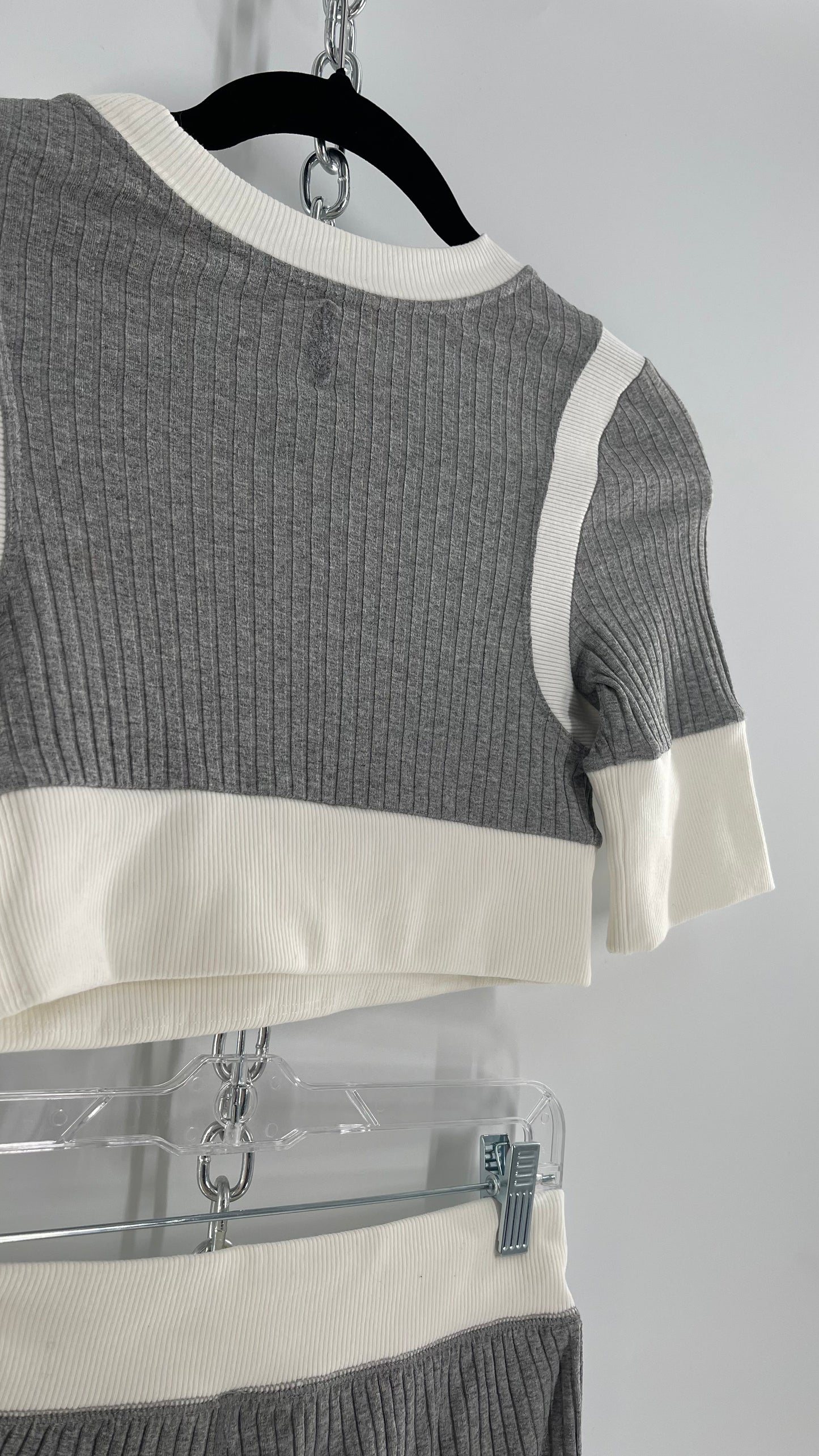 Free People Grey Knit Jersey Loungewear Set with Cropped Short Sleeve and Shorts (XS)