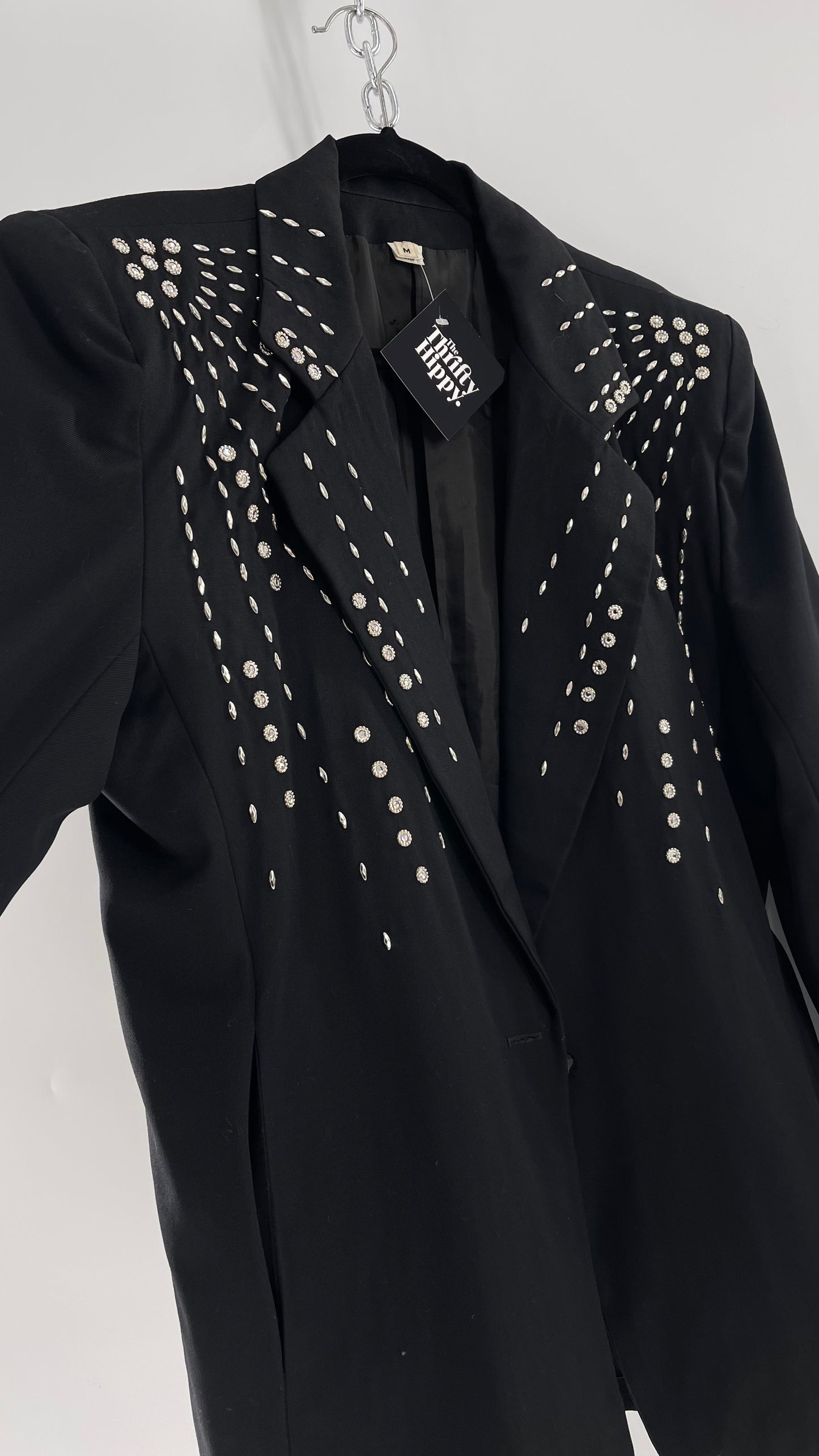 Vintage Black Blazer with Silver Metal Studs and Rhinestone Embellishments (C)(Medium)
