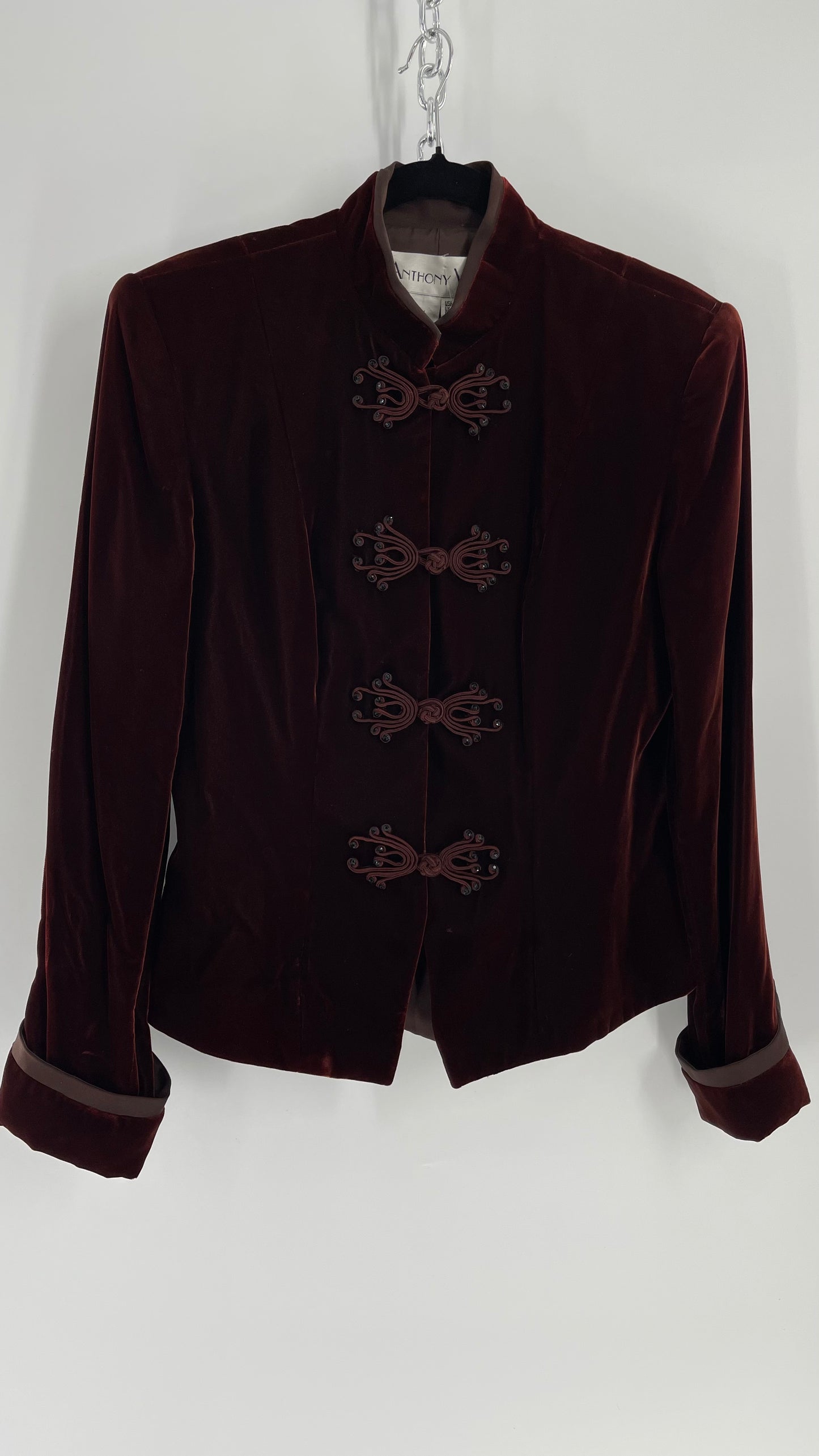 Vintage Anthony Vask Blood Red Burgundy Velvet Coat Jacket with Rope Closure Detailing (C)(10)