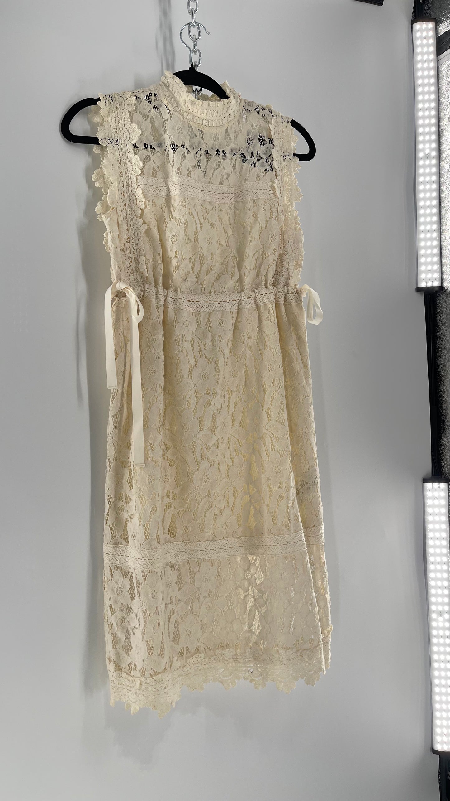 Eri + Ali Anthropologie Velvet Lace MIDI Dress with High Neckline and Side Bow Ties(XS)