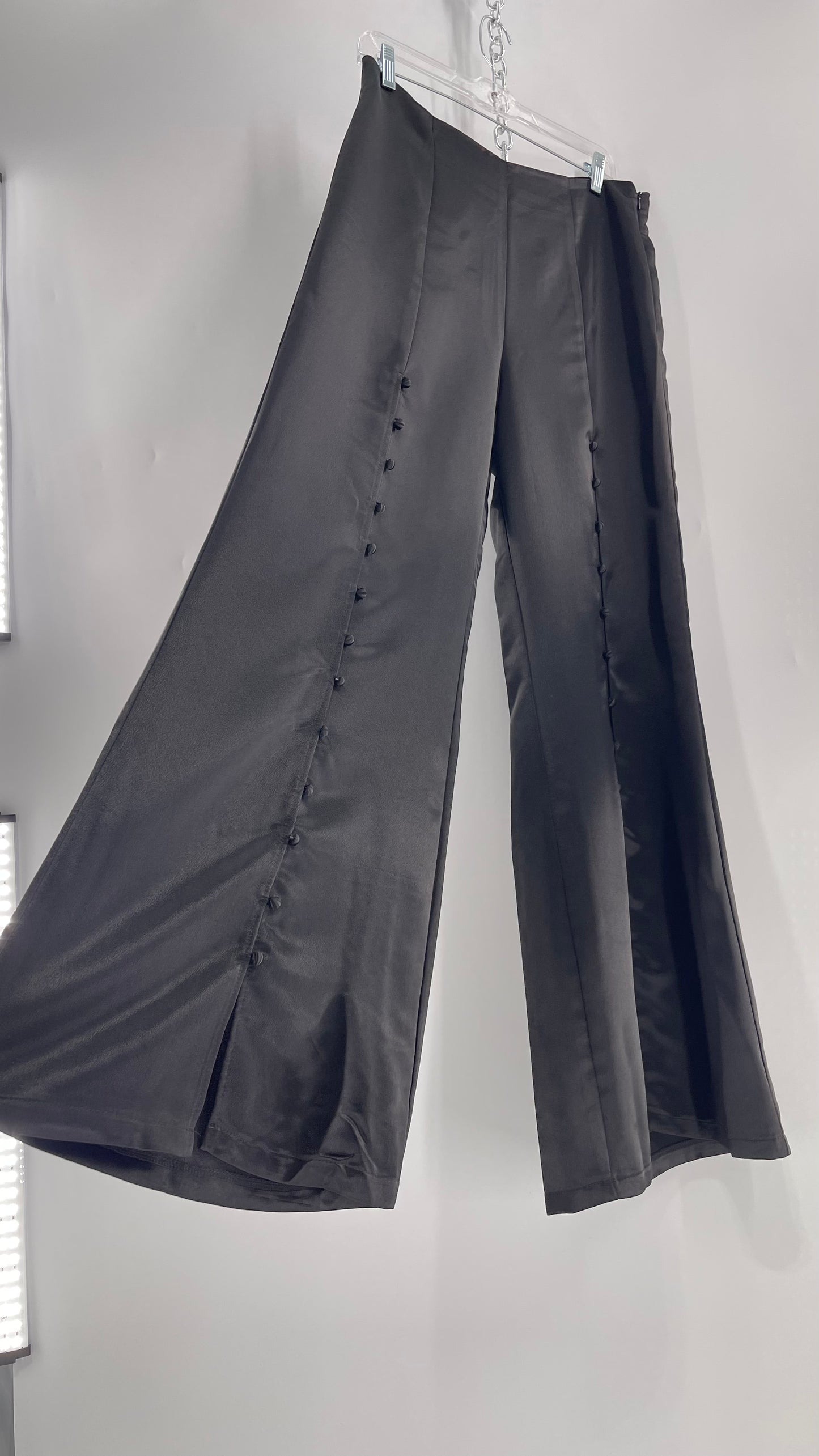 WHY Sultry Steps Black Satin Wide Leg Trouser with Vertical Strip of Satin Buttons (Medium)