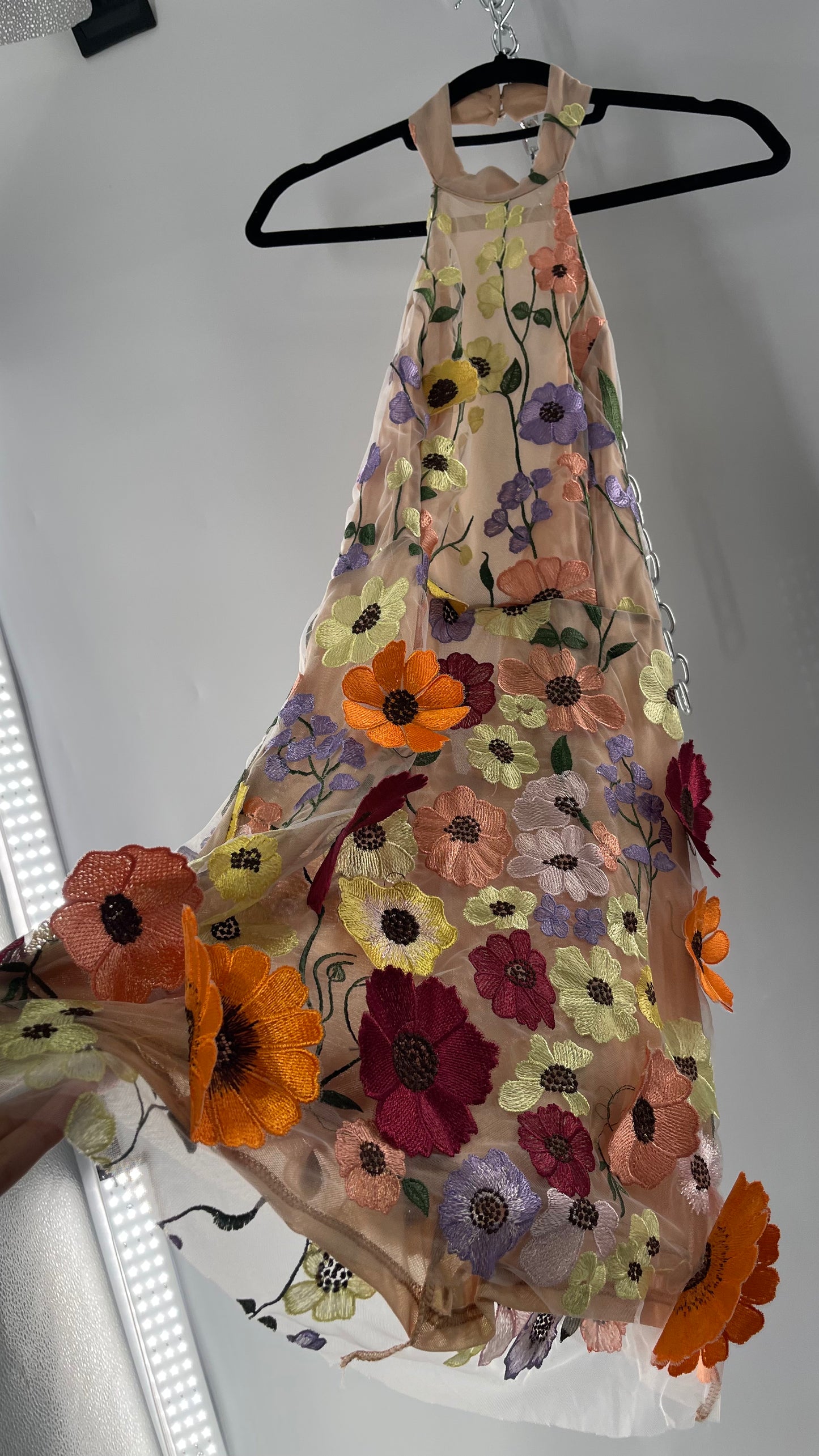 Mesh Backless Mini Dress with Halter Neckline covered in 3D Colorful Embroidered Flower Appliqués (Medium)