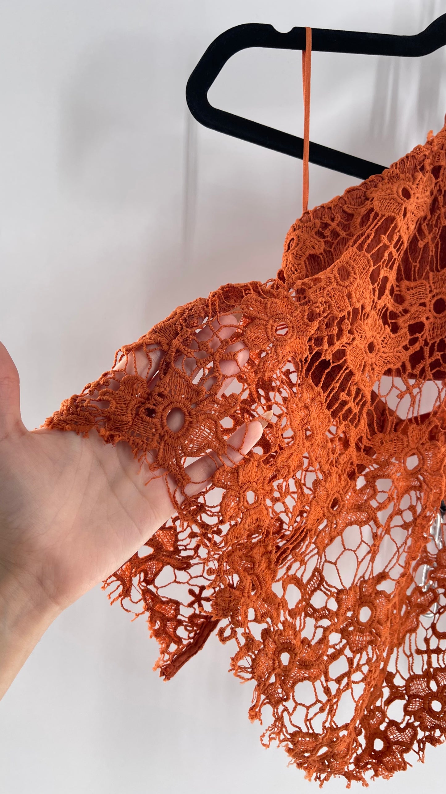 Free People Burnt Orange Lace Halter with Pointed Handkerchief Hem (XS)