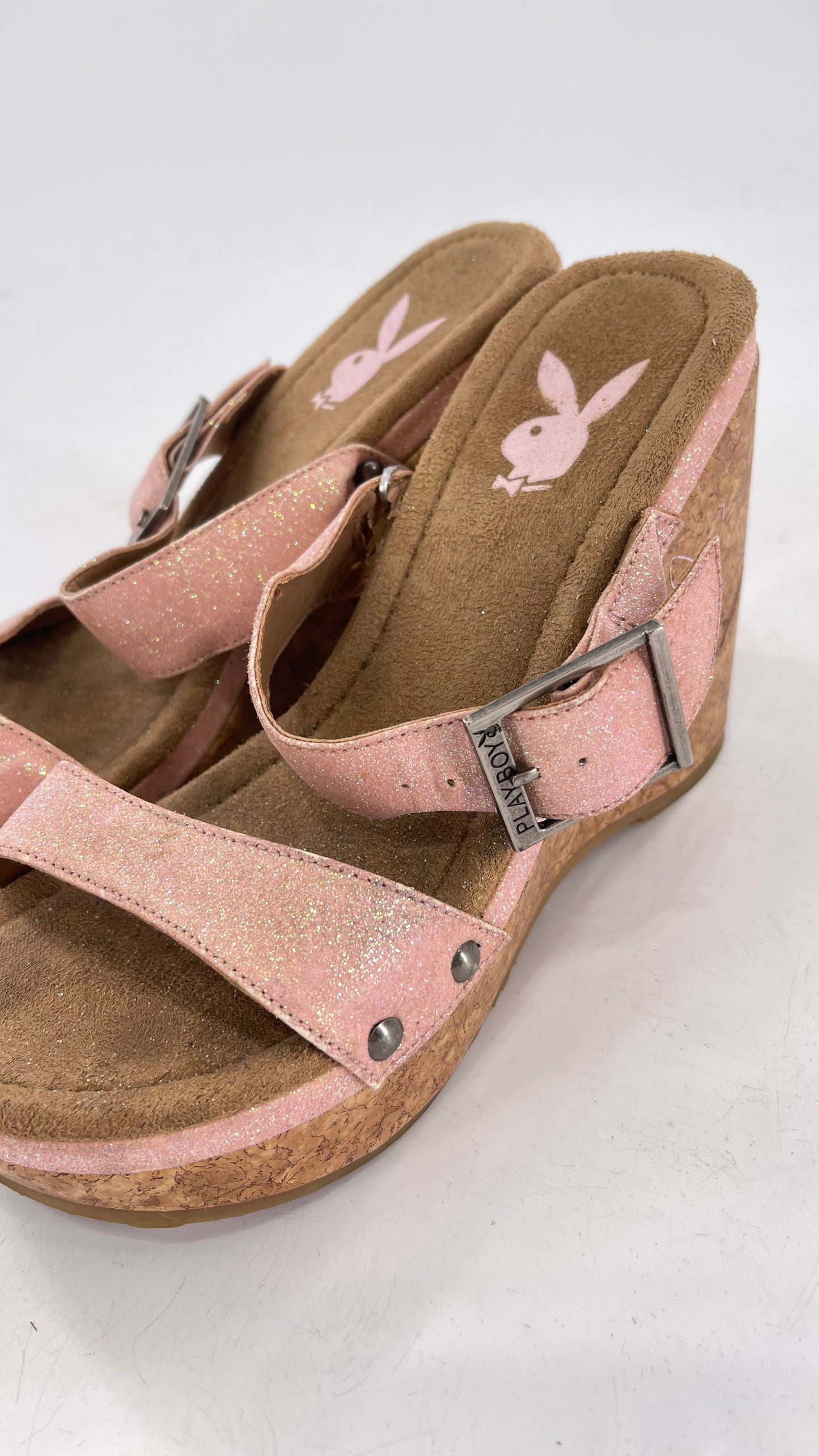 Playboy Pink Glitter Wedge Heel with Cork Heel and Playboy Engraved Buckle (6)