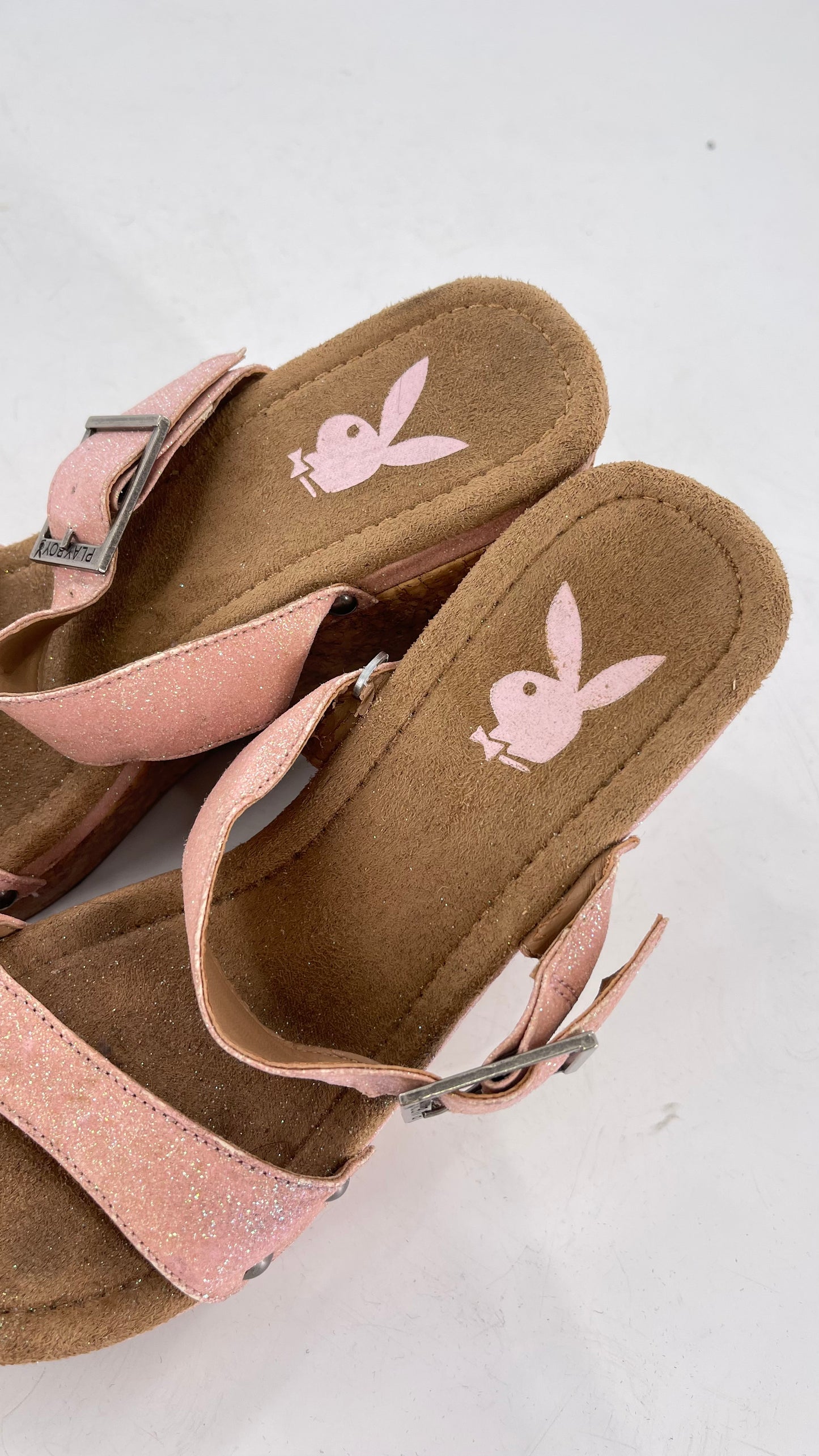 Playboy Pink Glitter Wedge Heel with Cork Heel and Playboy Engraved Buckle (6)