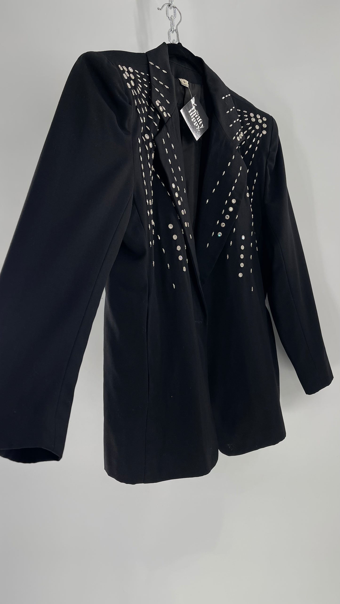 Vintage Black Blazer with Silver Metal Studs and Rhinestone Embellishments (C)(Medium)
