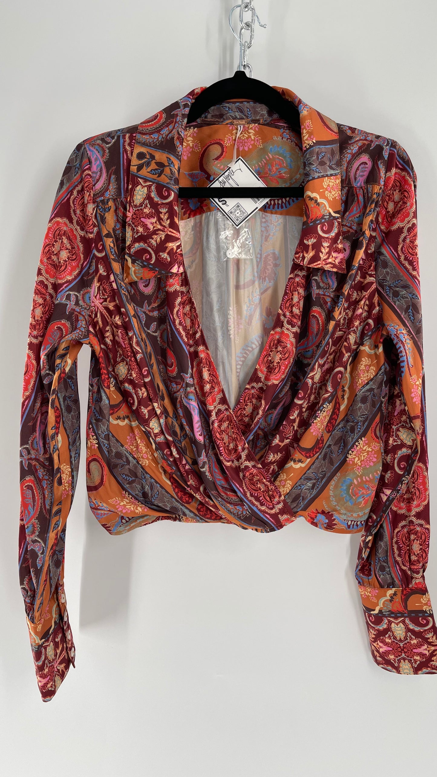 Free People Warm Tones Satin Paisley Drape Front Button Cuff Blouse (Large)