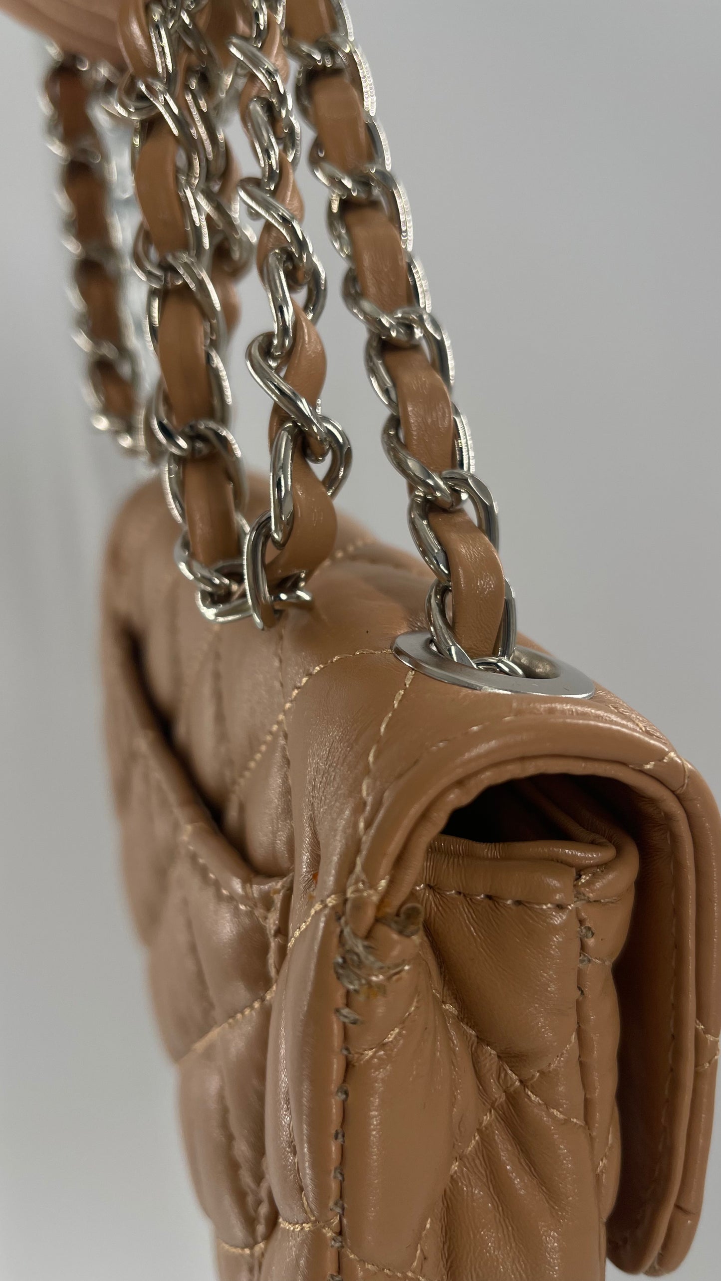 Tan Metallic Quilted Inauthentic Chanel Bag with Silver Chain Strap