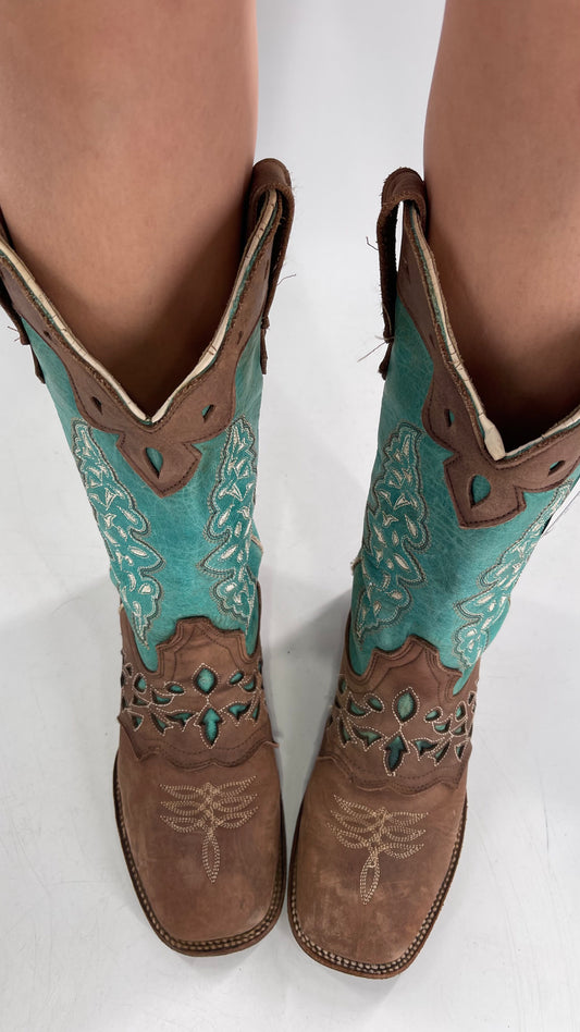 Porto Rebelde Turquoise Blue and Brown Leather Lazer Cut Embroidered Boots (6.5)