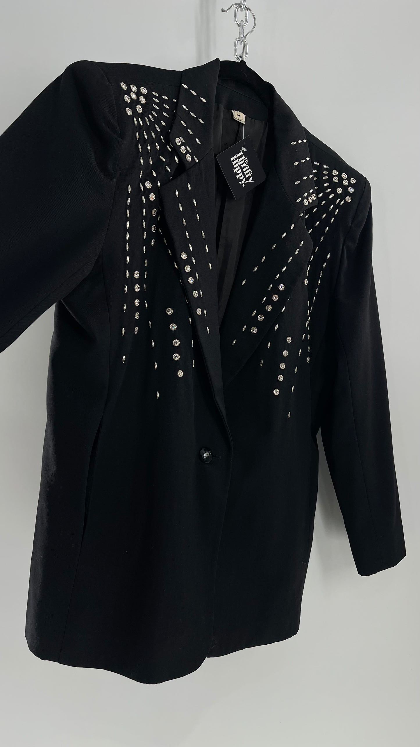 Vintage Black Blazer with Silver Metal Studs and Rhinestone Embellishments (C)(Medium)