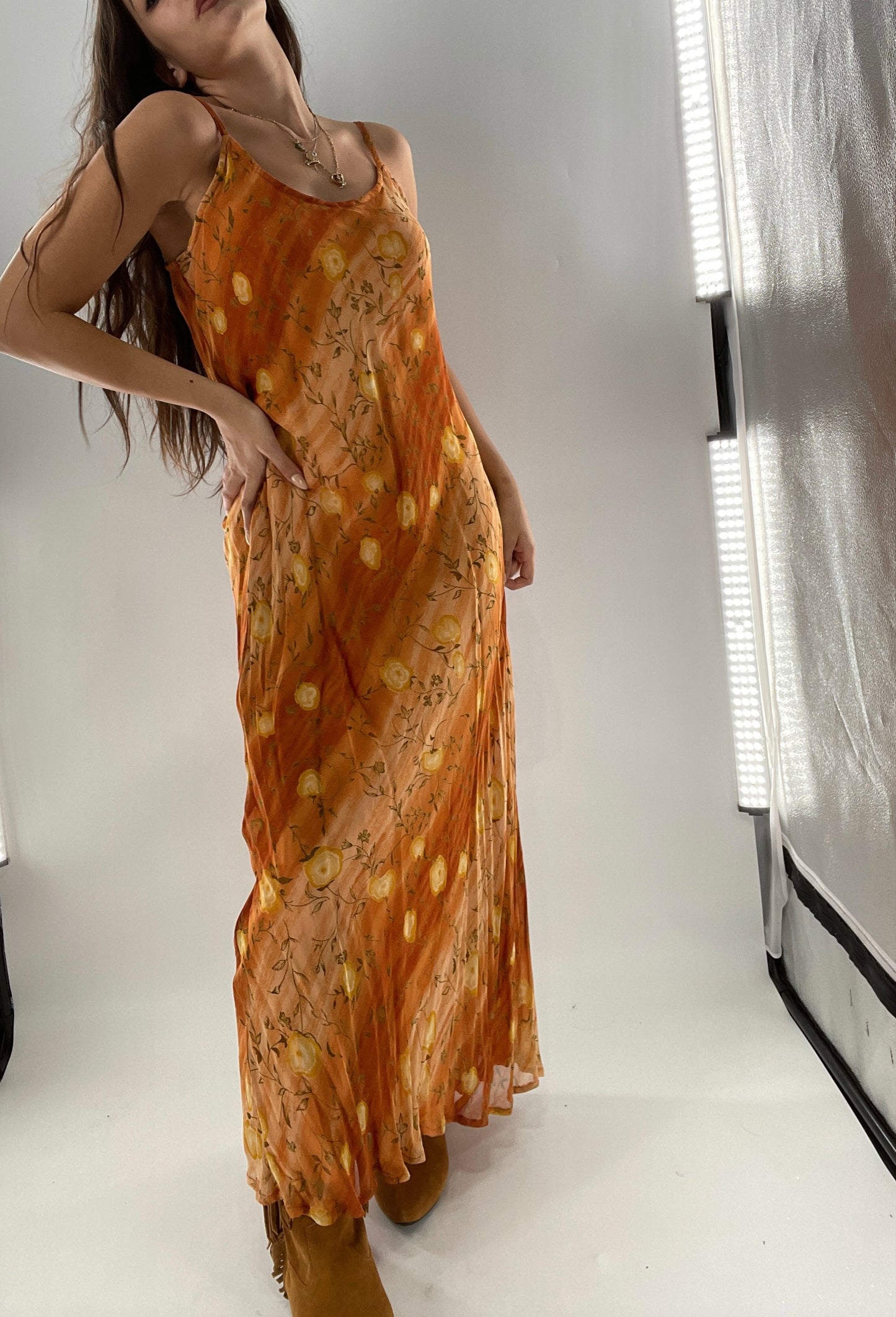 Deadstock Vintage 1990s Sacred Threads Midi Sunset Ombré Dress with Yellow Flowers (M/L)