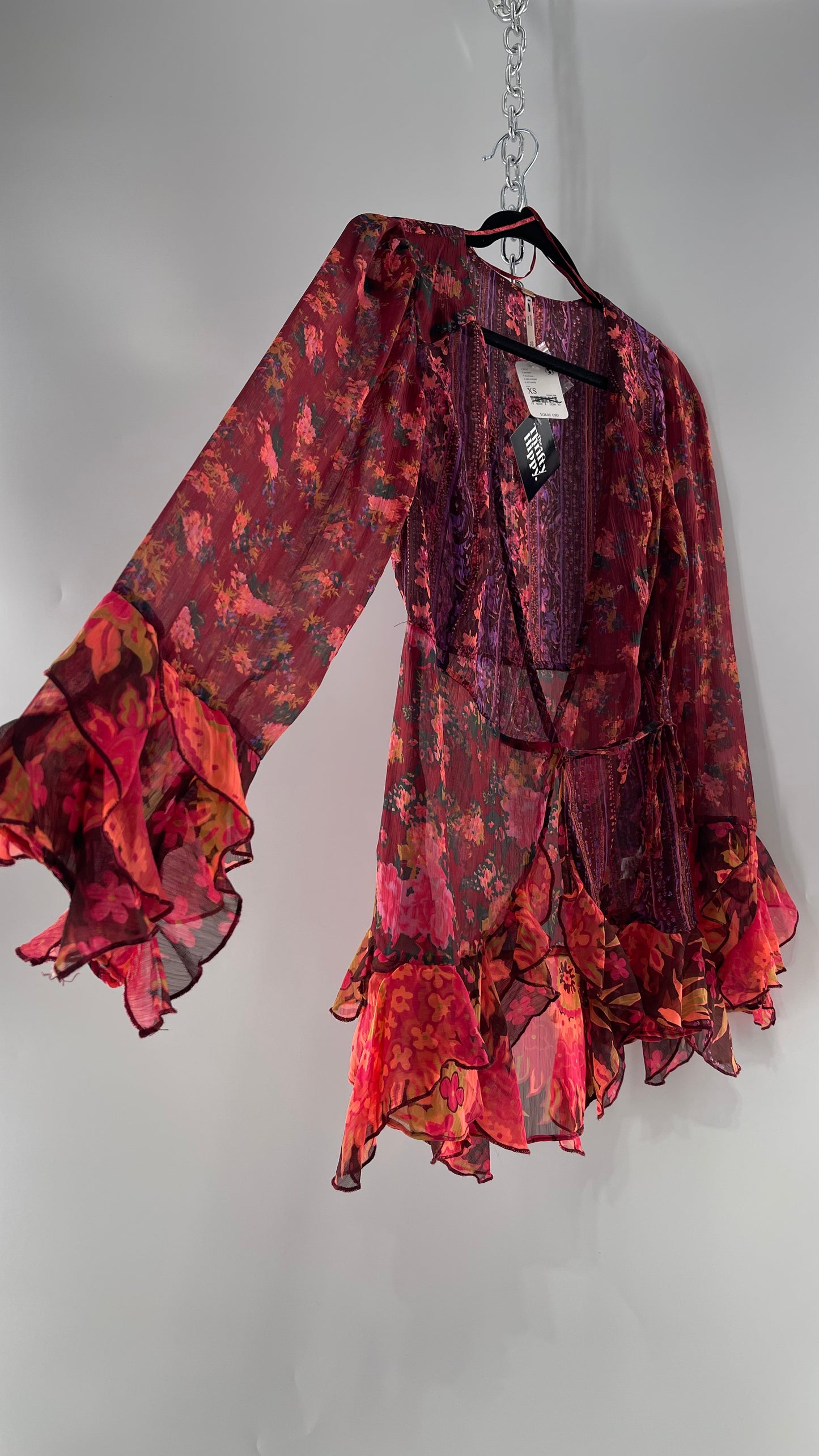 Free People Maroon/Burgundy Red Floral Tie Front Blouse with Ruffled Sleeves and Hem with Tags Attached (XS)