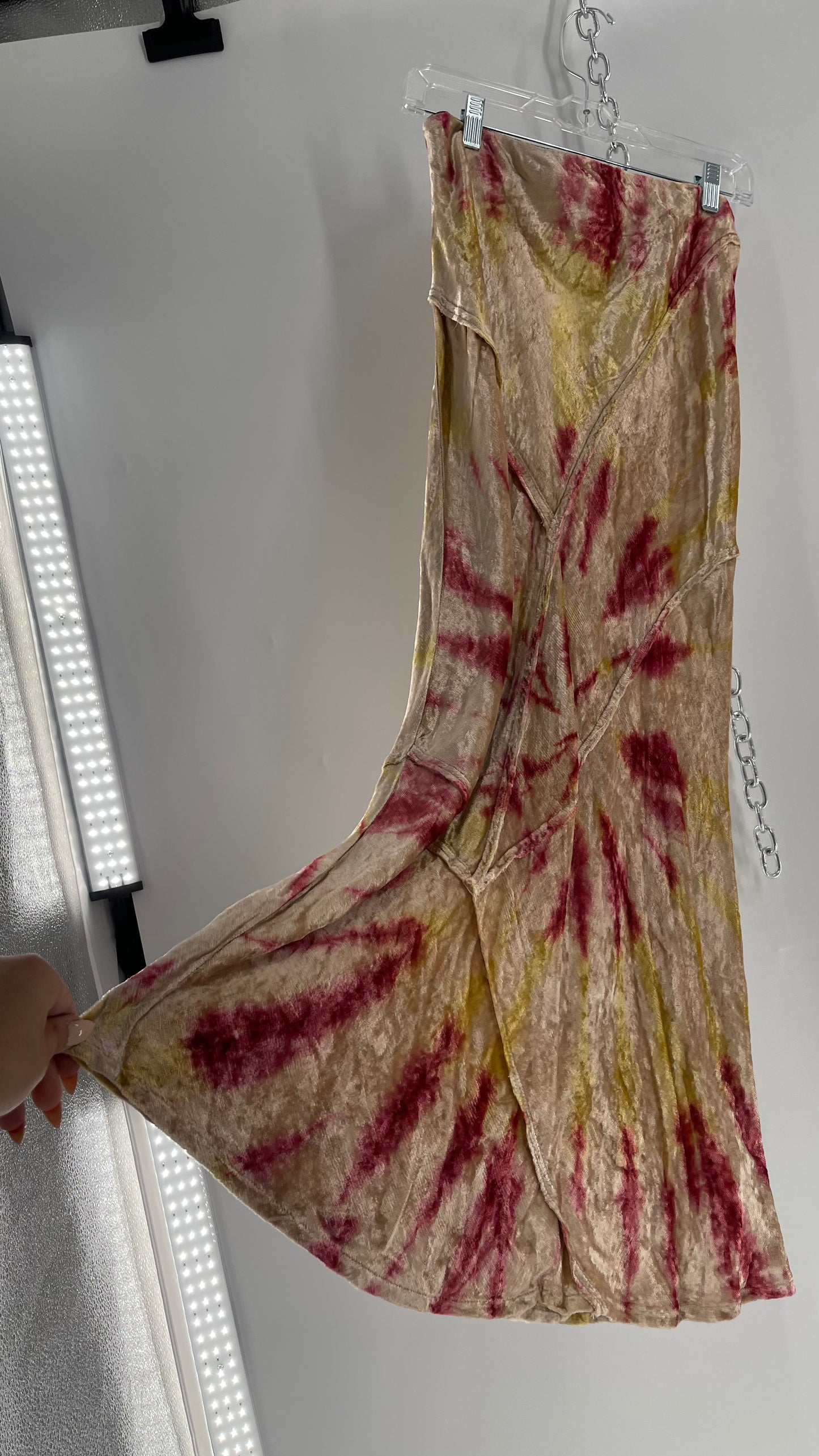 Free People Tie Dye Crushed Velvet Full Length Skirt (Small)