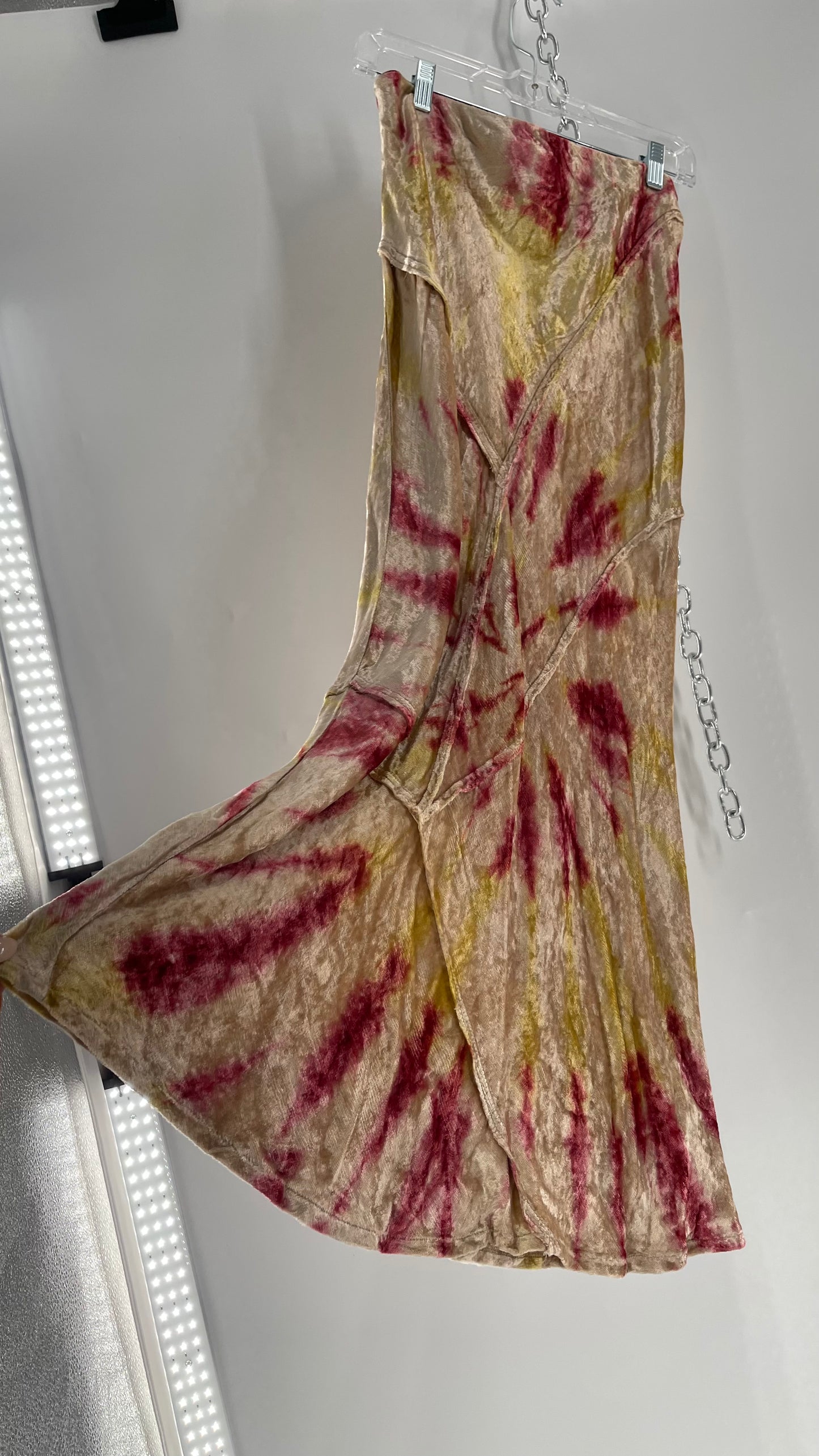 Free People Tie Dye Crushed Velvet Full Length Skirt (Small)