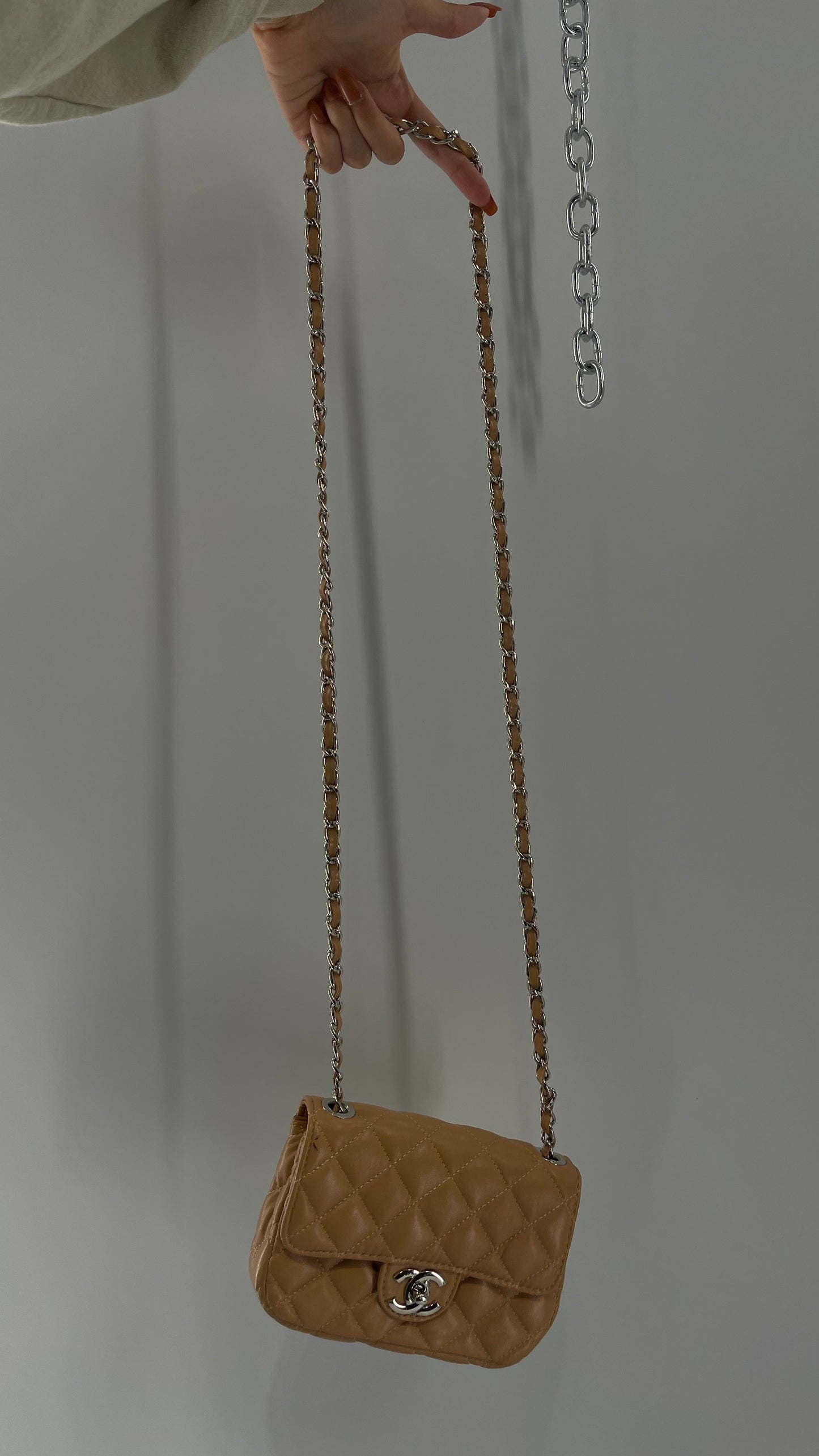 Tan Metallic Quilted Inauthentic Chanel Bag with Silver Chain Strap