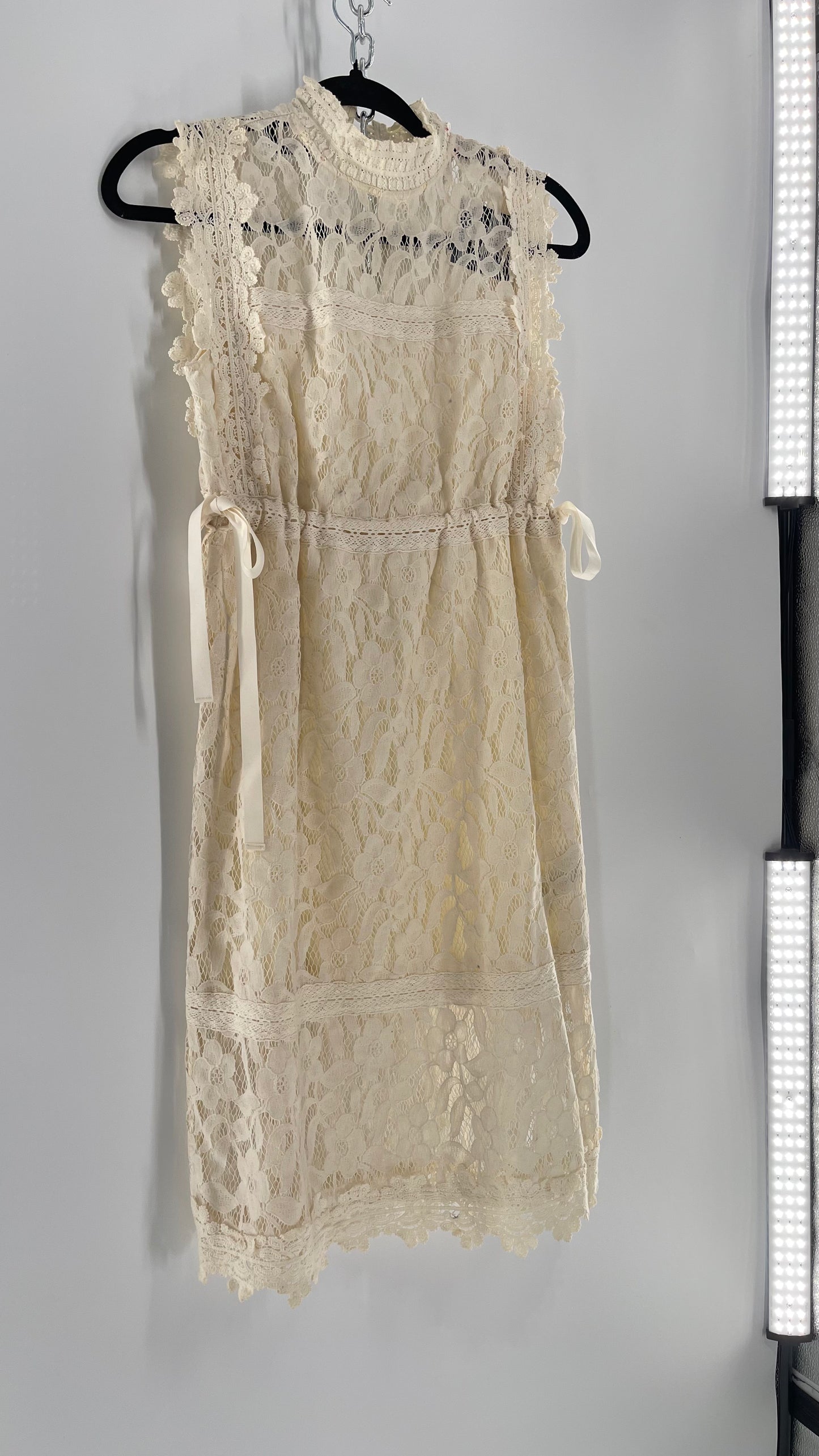 Eri + Ali Anthropologie Velvet Lace MIDI Dress with High Neckline and Side Bow Ties(XS)