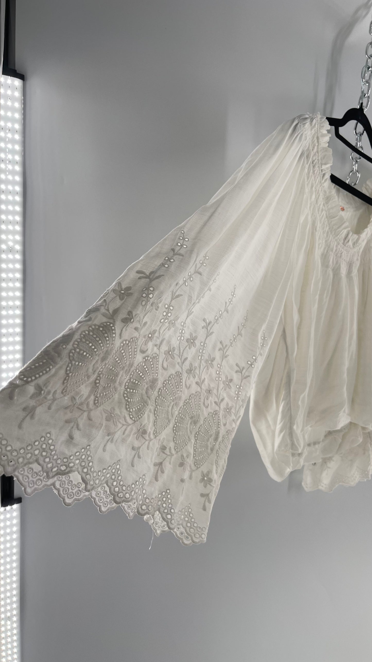 Free People White Bubble Hem Blouse with Linen Embroidered Bell Sleeves (Medium)