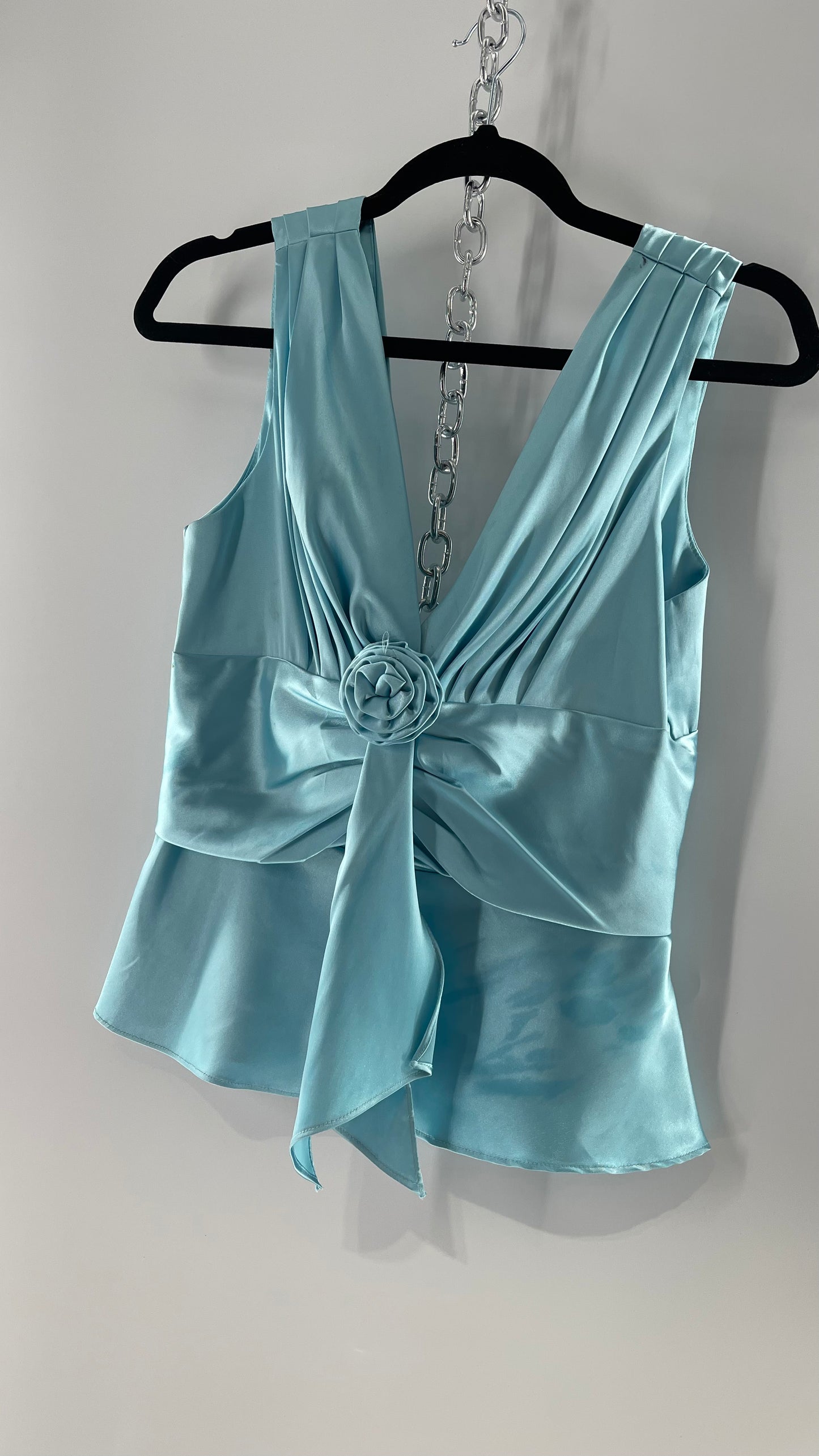 Vintage Jessica McClintock Baby Blue Satin Pleated Sleeve Tank with Draping and Rosette (8)