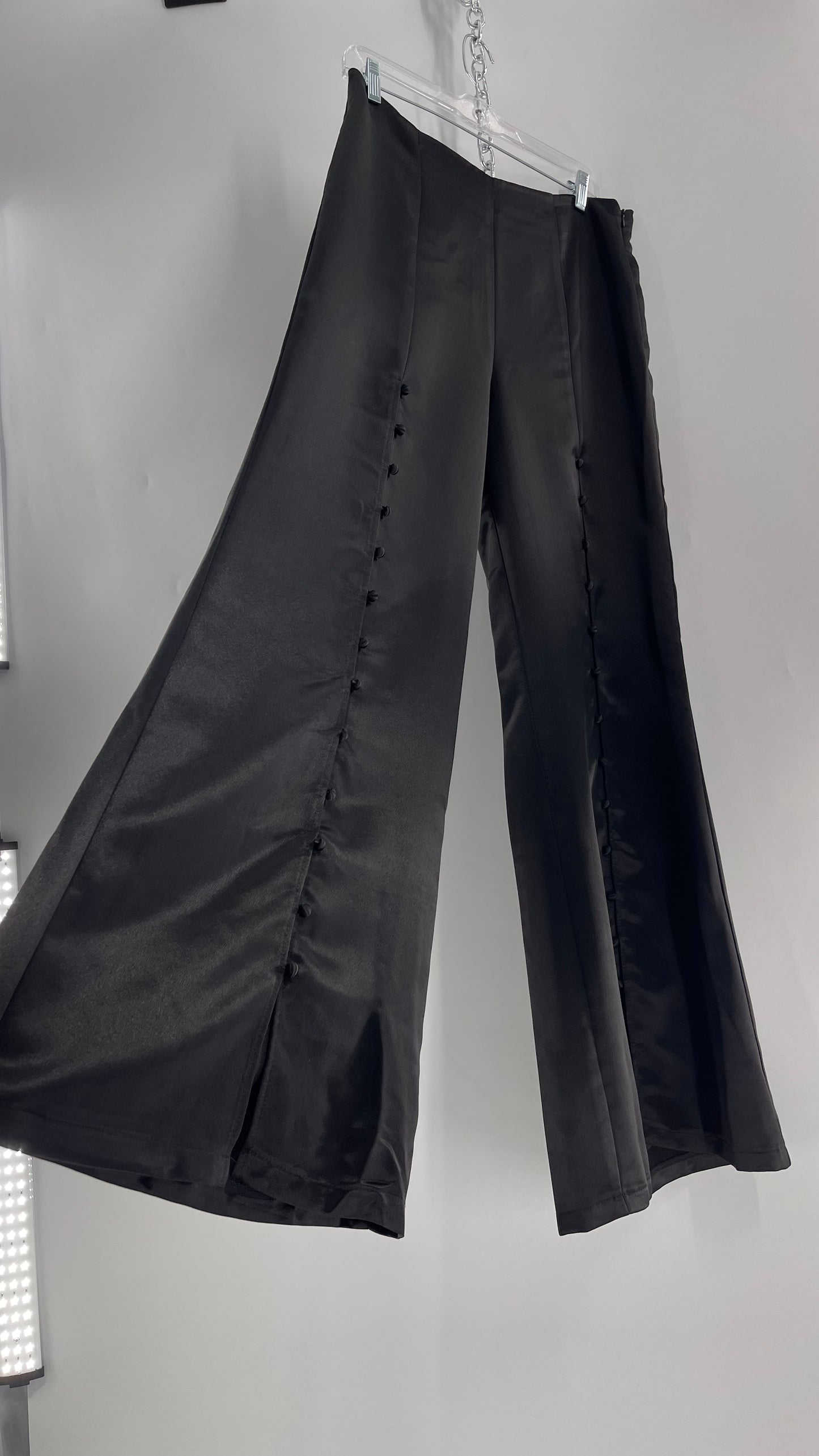 WHY Sultry Steps Black Satin Wide Leg Trouser with Vertical Strip of Satin Buttons (Medium)