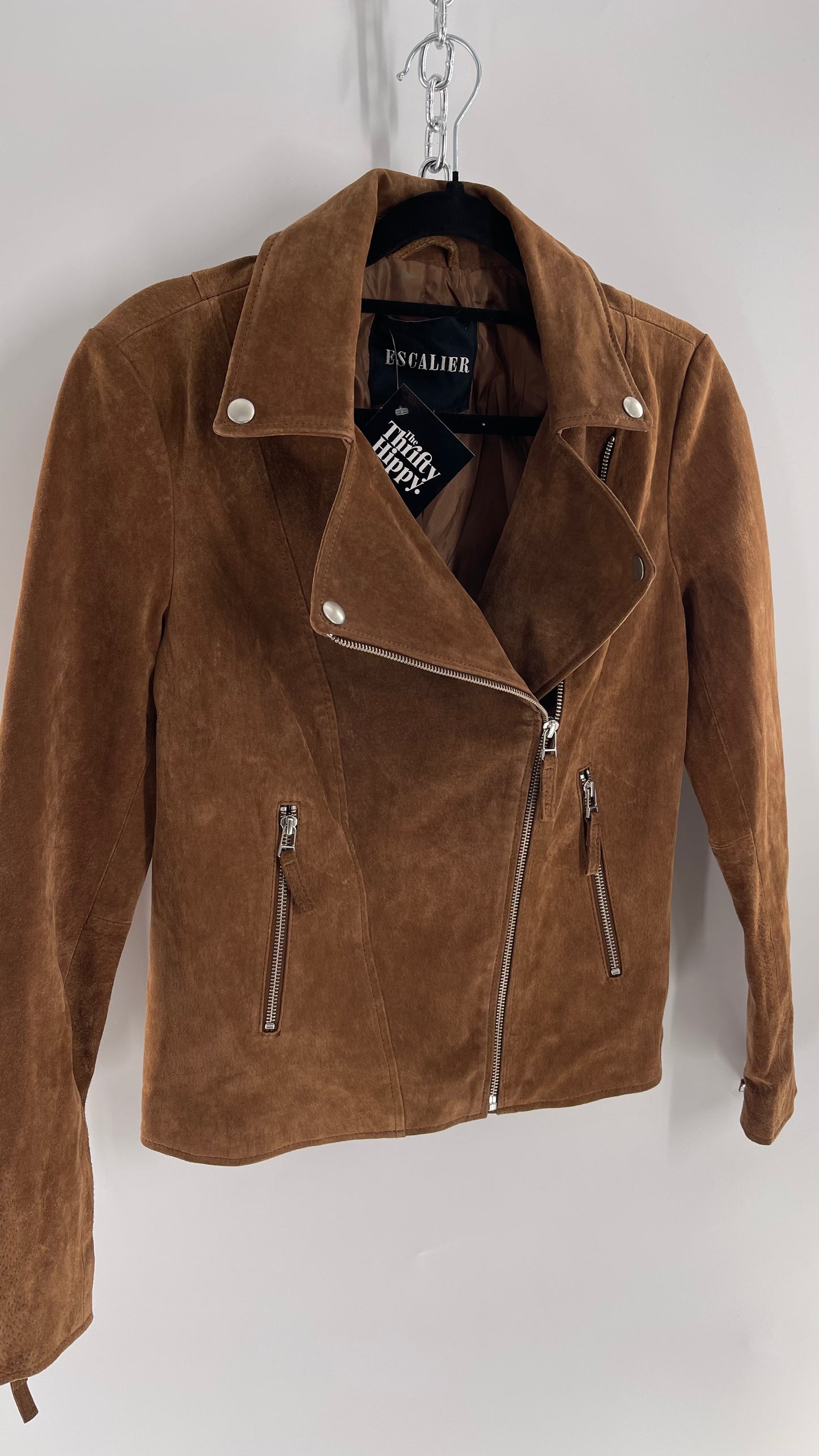 Vintage ESCALIER Brown Genuine Leather Suede Motorcycle Jacket with Heavy Duty Zippers (Medium)