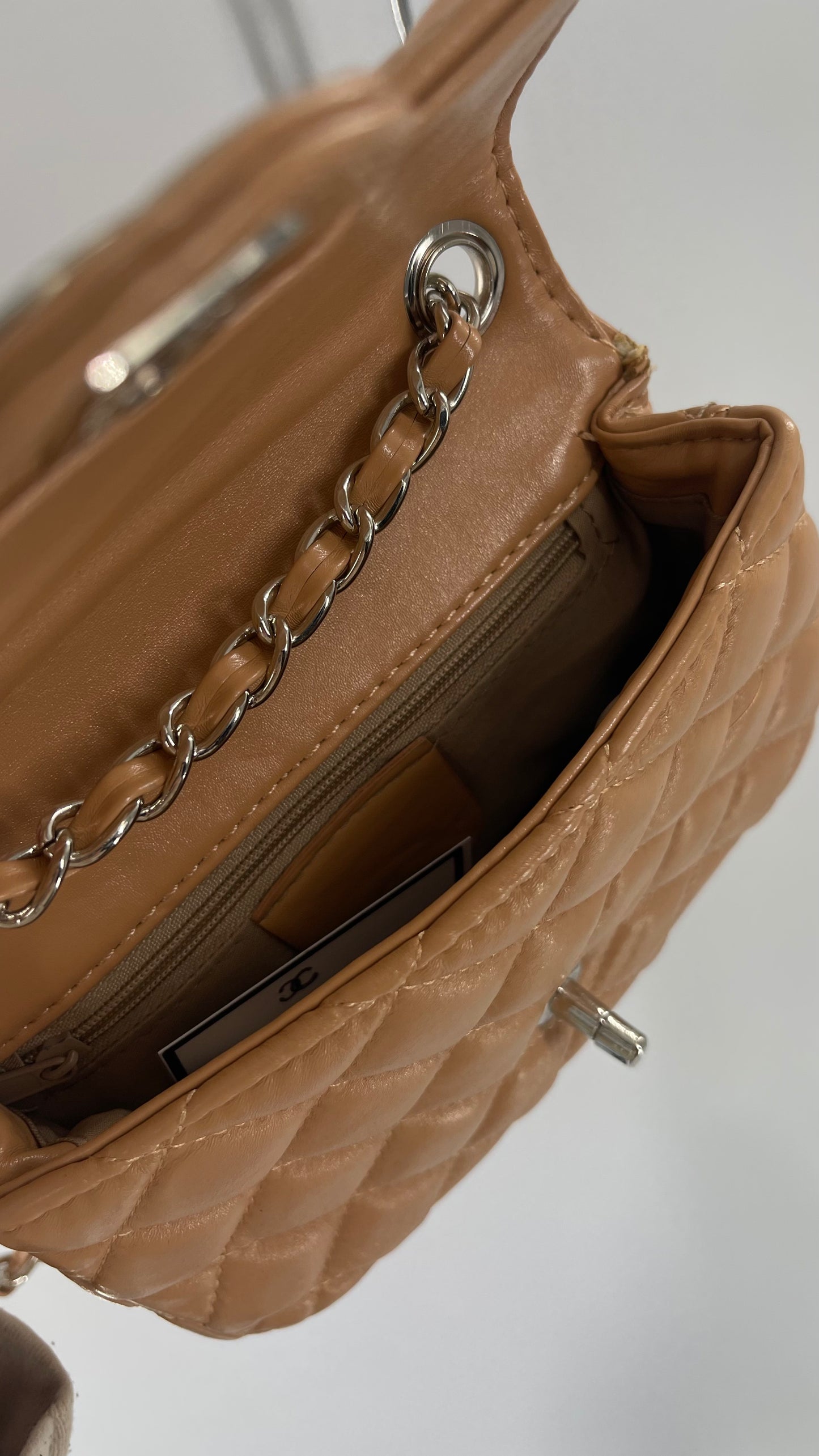 Tan Metallic Quilted Inauthentic Chanel Bag with Silver Chain Strap