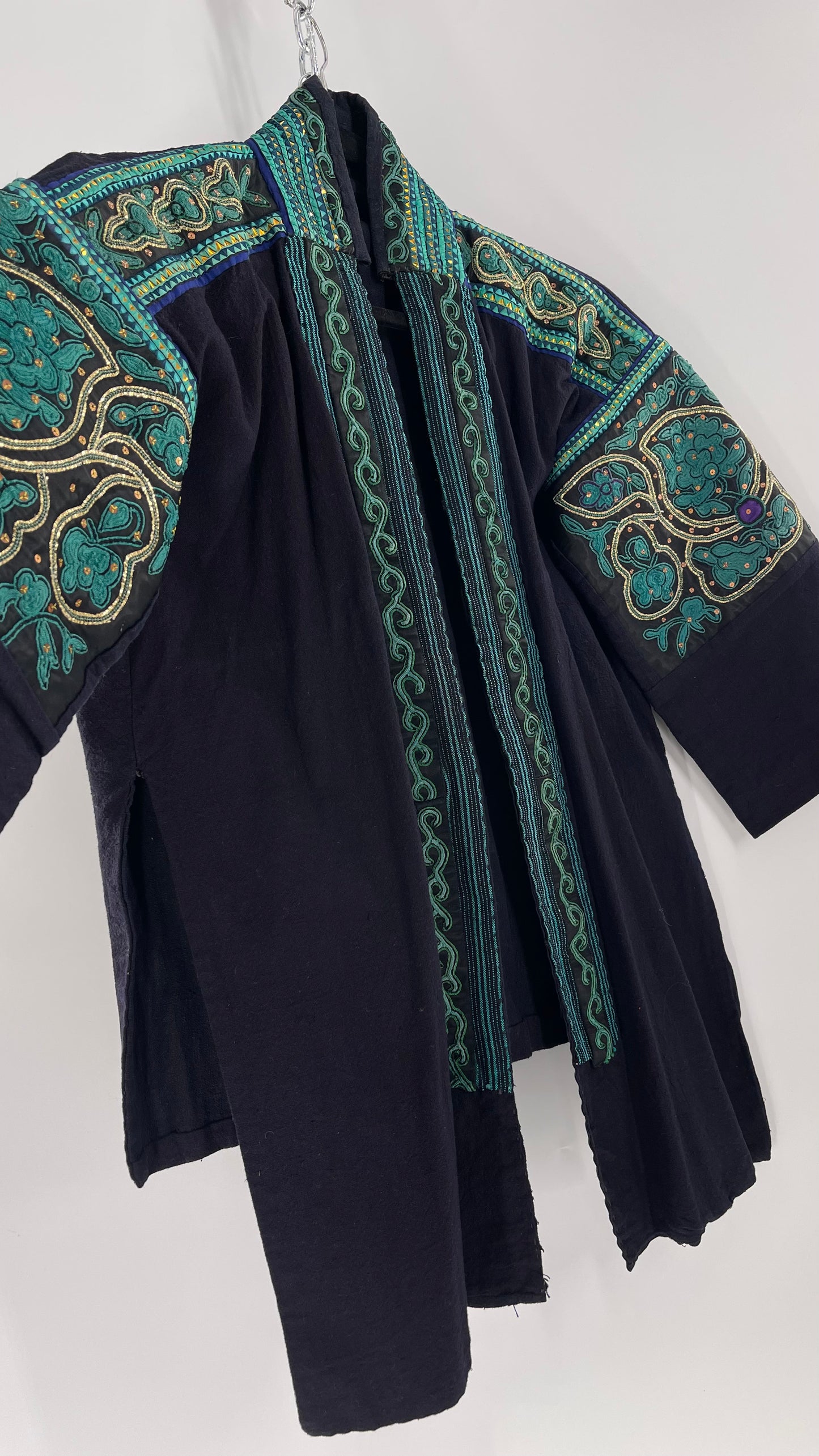 Chinese Vintage Unisex Forbidden Stitch Giuzhou Embroidered Teal Jacket (One Size)