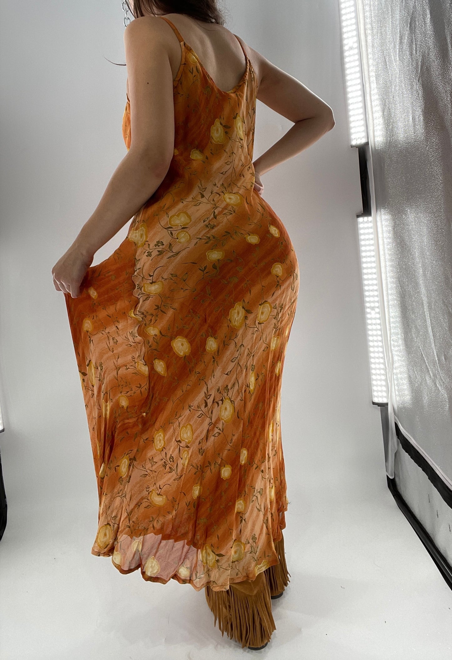 Deadstock Vintage 1990s Sacred Threads Midi Sunset Ombré Dress with Yellow Flowers (M/L)