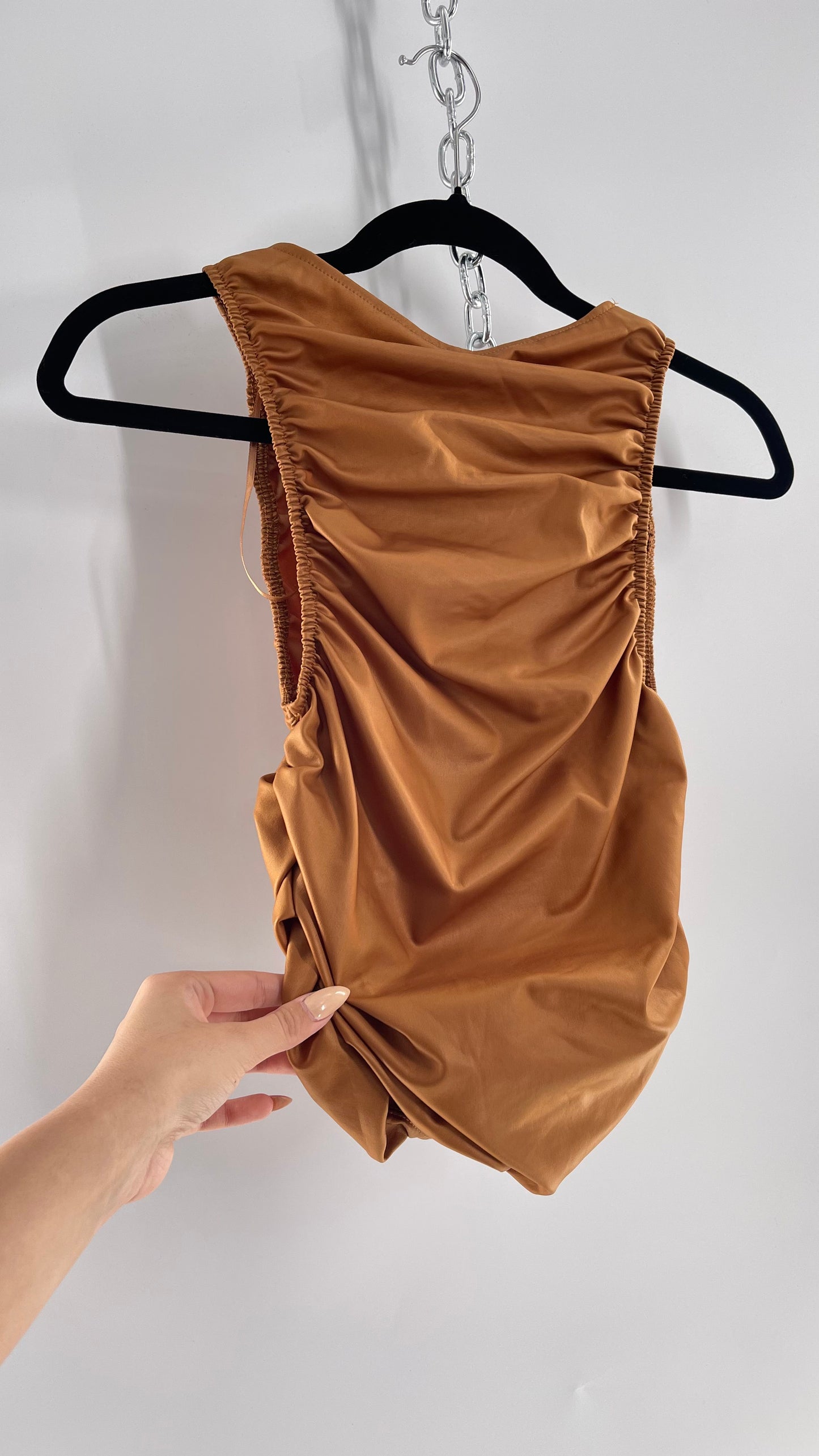 Free People Faux Leather Cognac Ruched High Neck Tank with Bust Cut Out (XS)
