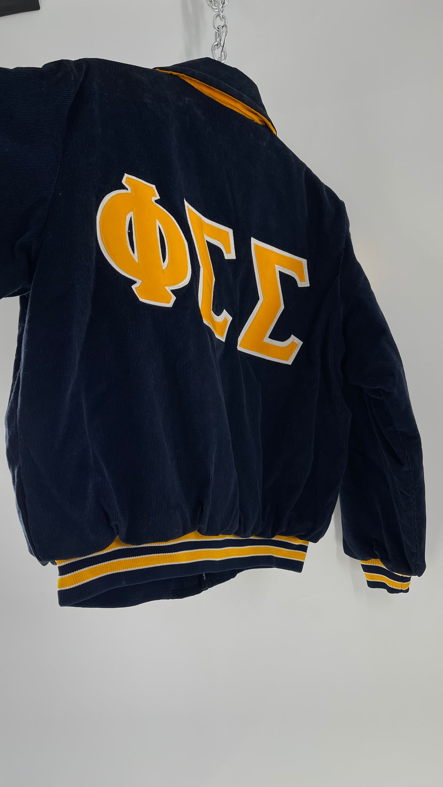 Birdie Vintage Phi Sigma Sigma Navy Blue Corduroy Varsity/Sorority Jacket with Contrast Yellow Patches and Embroidered “Paula” Monogram (Large)