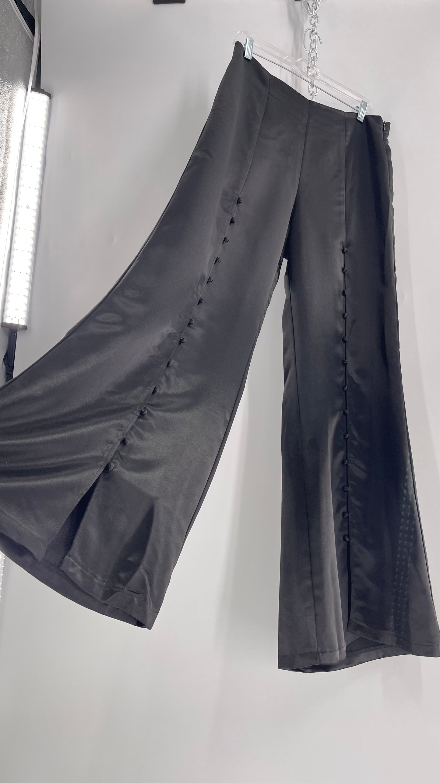 WHY Sultry Steps Black Satin Wide Leg Trouser with Vertical Strip of Satin Buttons (Medium)