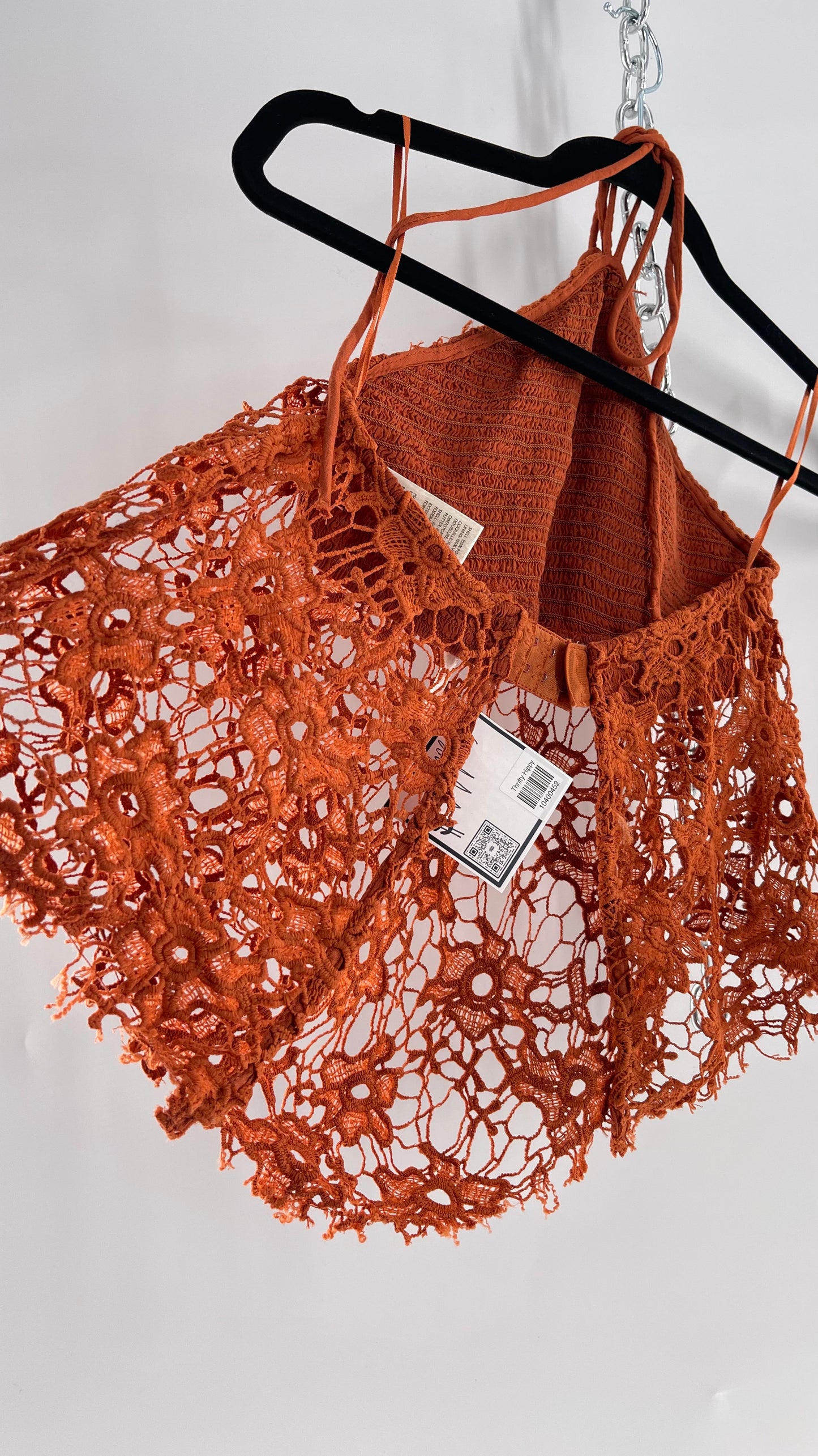 Free People Burnt Orange Lace Halter with Pointed Handkerchief Hem (XS)