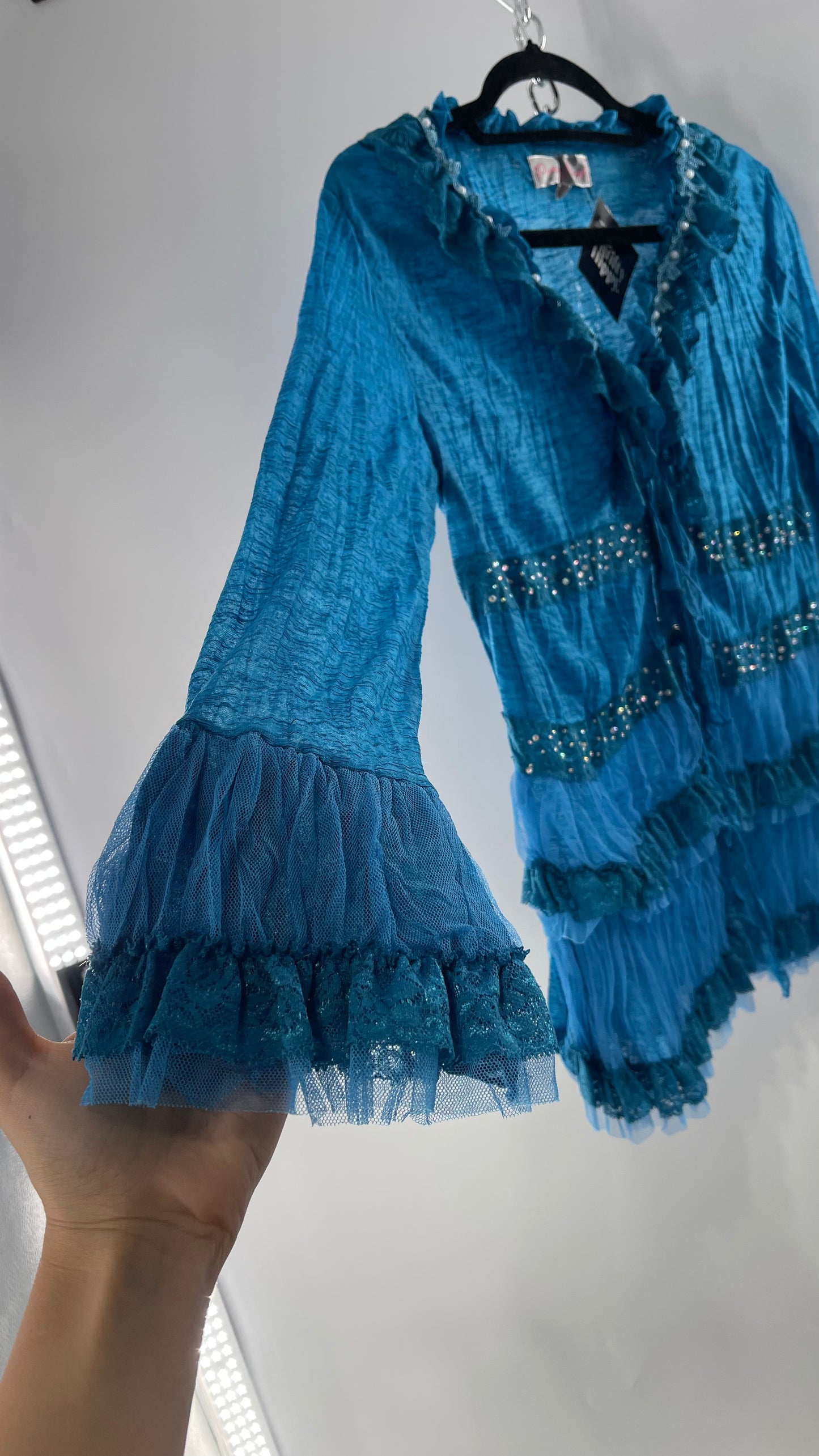 Vintage Pretty Angel Blue Long Sleeve Grommet Tie Bedazzled Blouse with Lace Ruffles and Pearlescent Beading (Large)