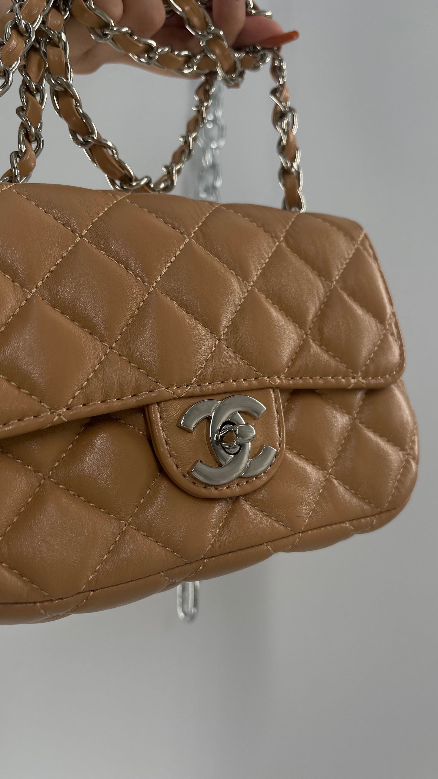 Tan Metallic Quilted Inauthentic Chanel Bag with Silver Chain Strap
