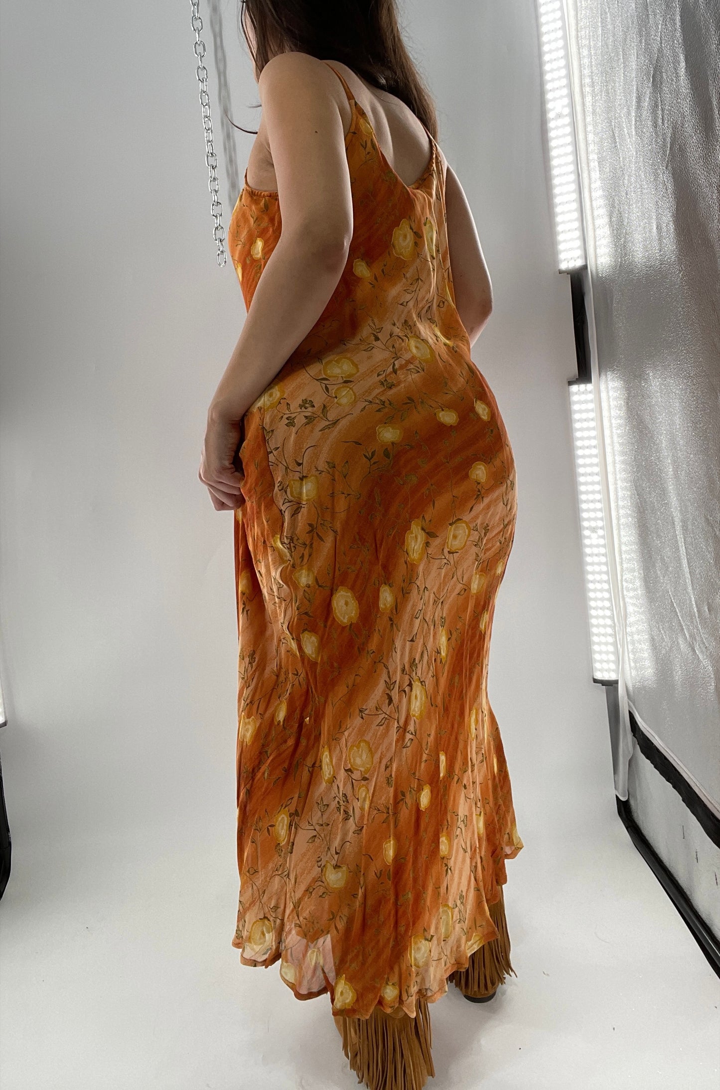 Deadstock Vintage 1990s Sacred Threads Midi Sunset Ombré Dress with Yellow Flowers (M/L)