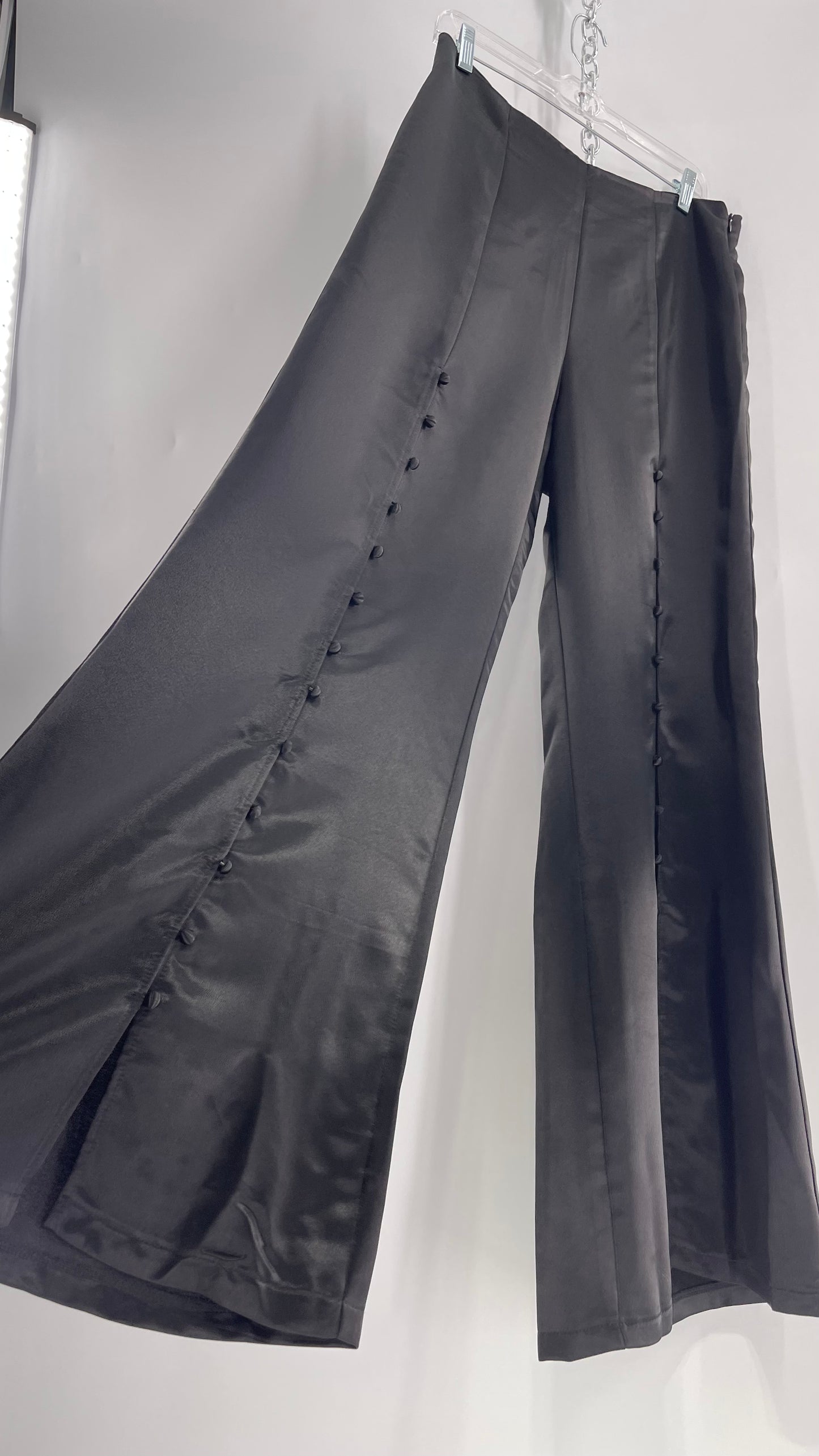 WHY Sultry Steps Black Satin Wide Leg Trouser with Vertical Strip of Satin Buttons (Medium)