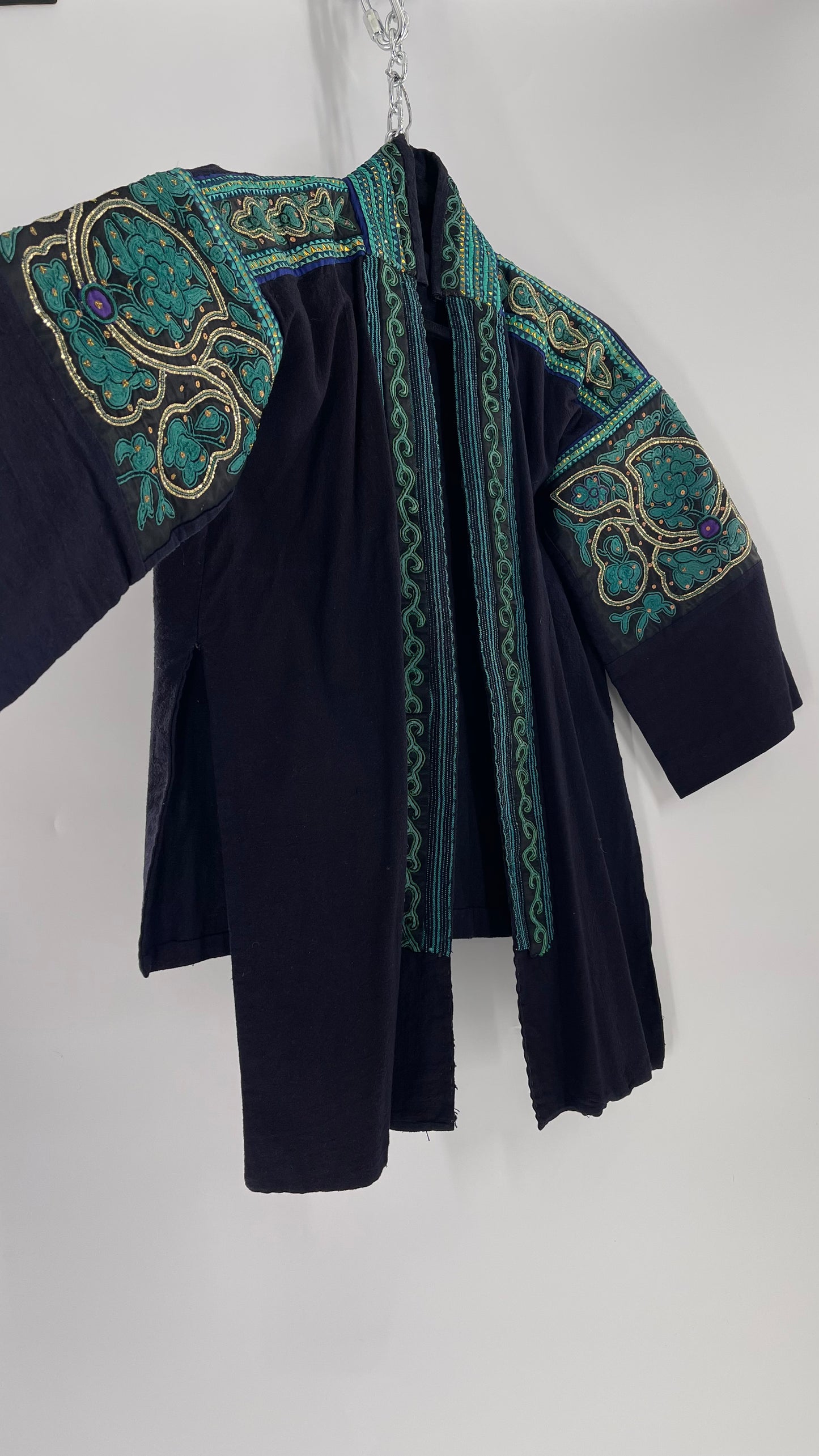 Chinese Vintage Unisex Forbidden Stitch Giuzhou Embroidered Teal Jacket (One Size)
