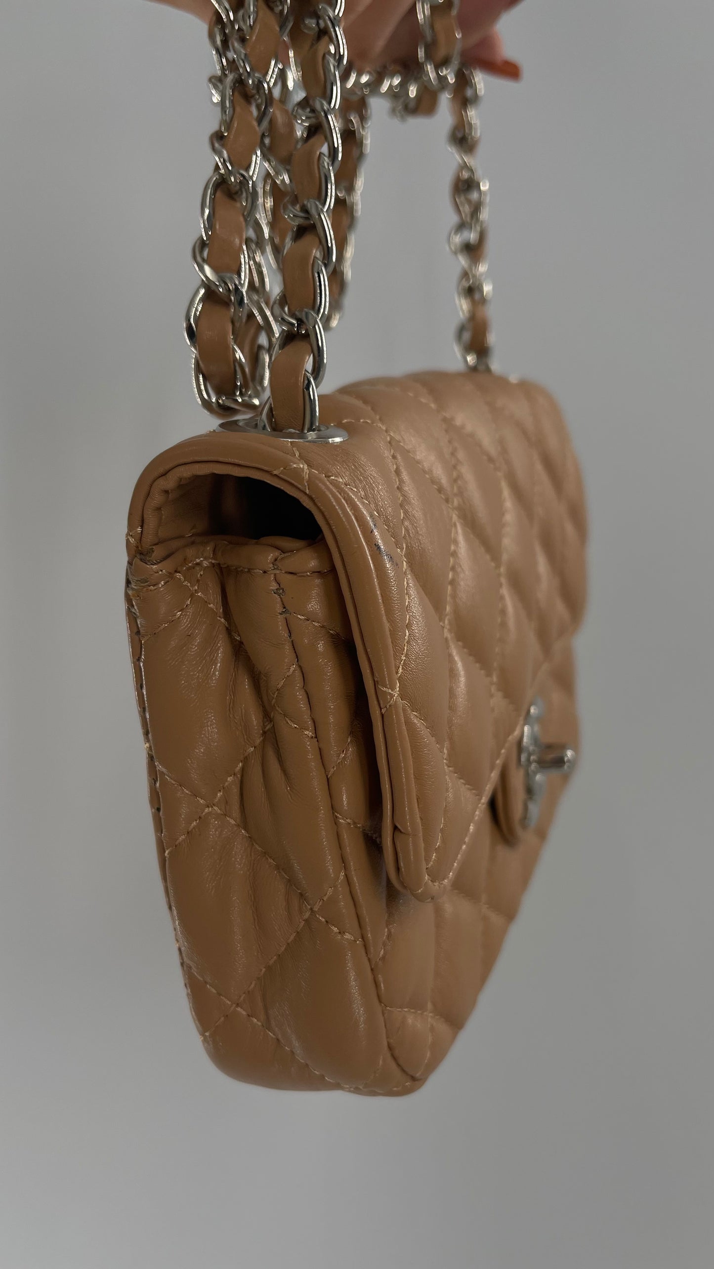 Tan Metallic Quilted Inauthentic Chanel Bag with Silver Chain Strap