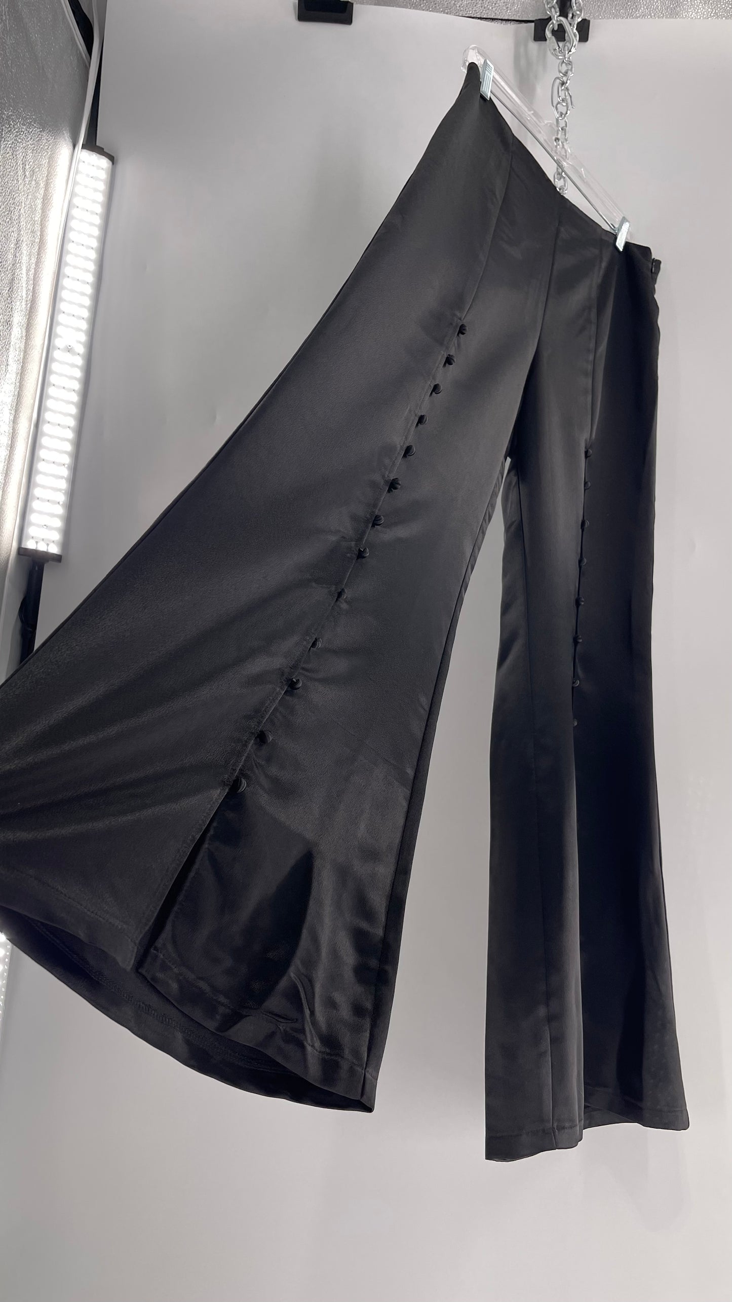 WHY Sultry Steps Black Satin Wide Leg Trouser with Vertical Strip of Satin Buttons (Medium)