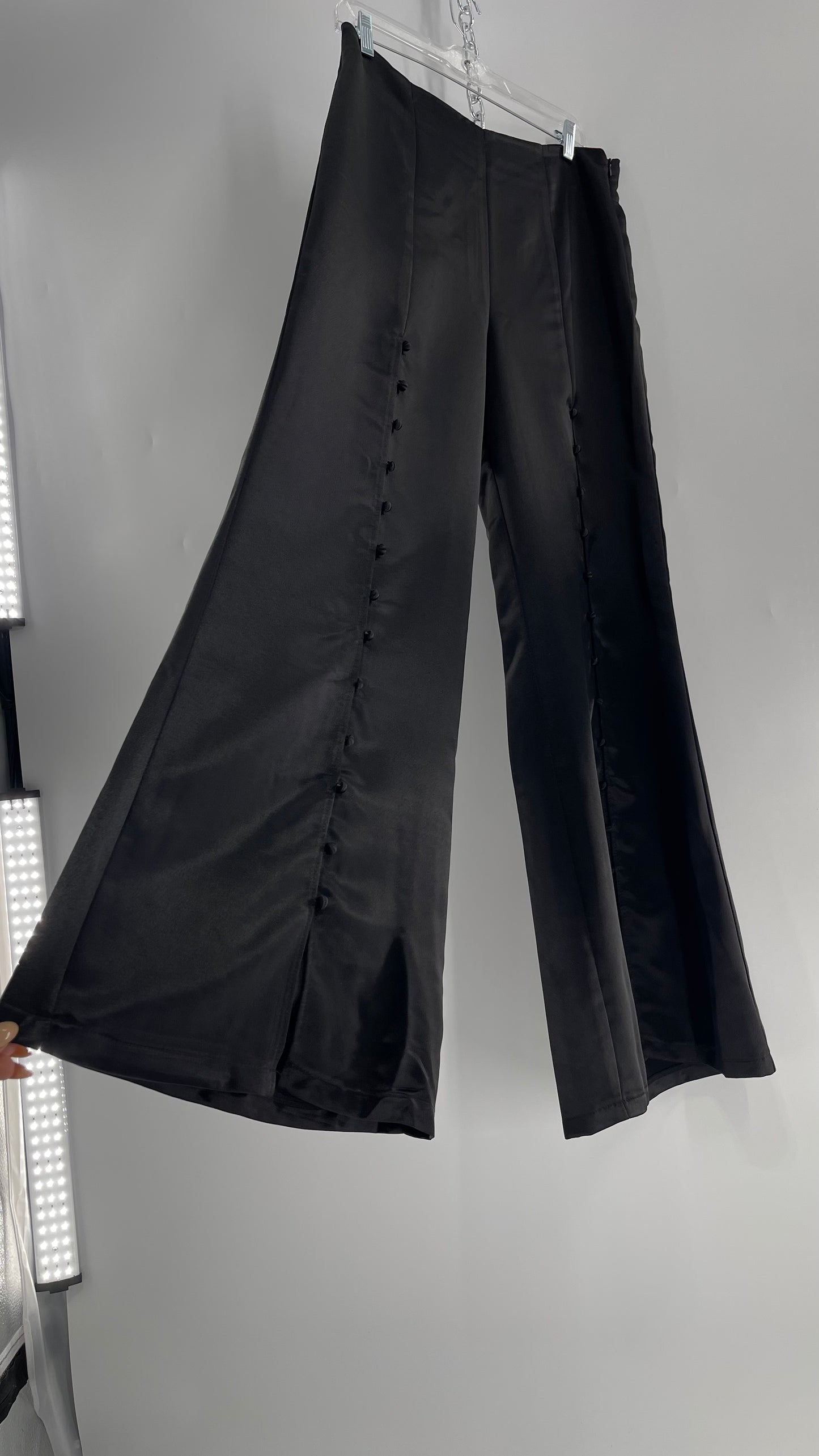 WHY Sultry Steps Black Satin Wide Leg Trouser with Vertical Strip of Satin Buttons (Medium)