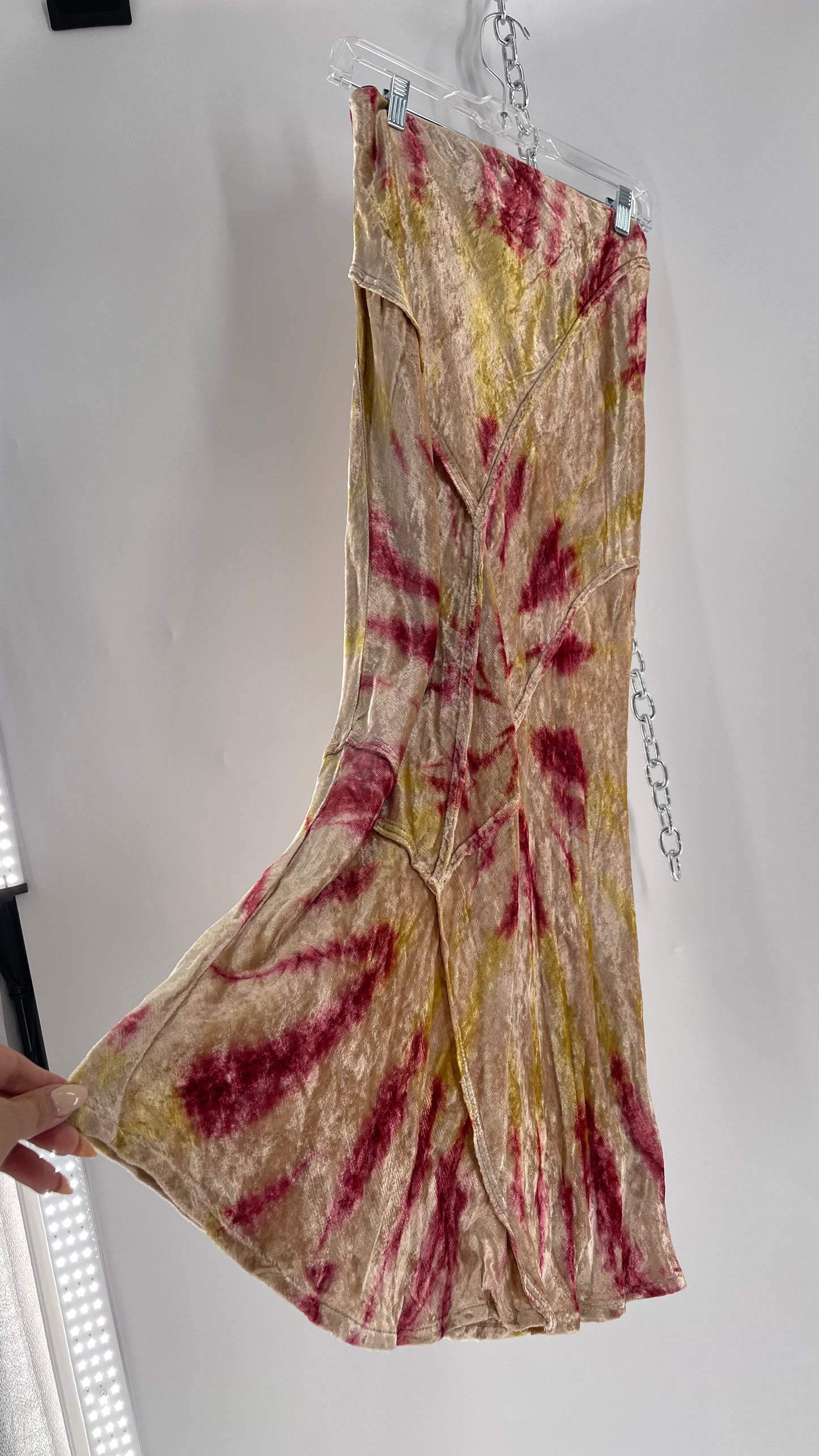 Free People Tie Dye Crushed Velvet Full Length Skirt (Small)